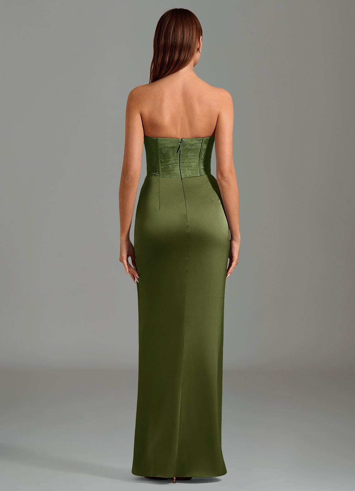Emilia Mermaid Strapless Stretch Satin and Floral Burnout Bridesmaid Dress in Olive