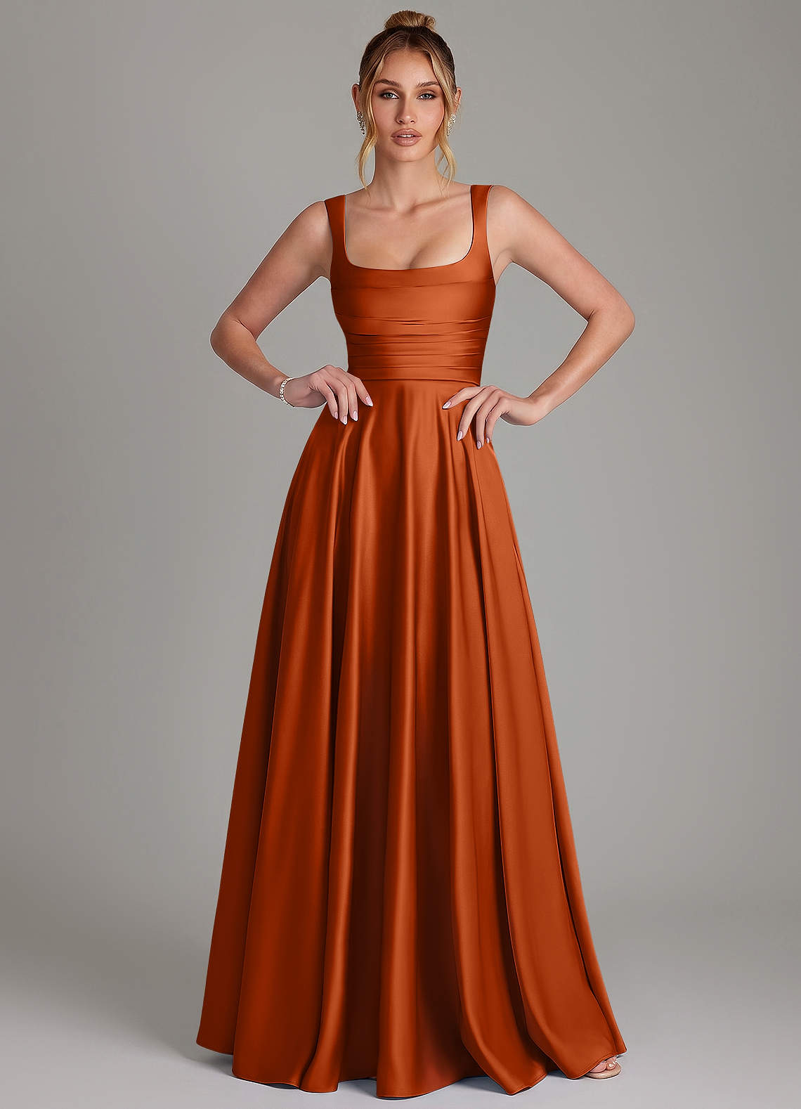 Azaria A-Line Square-Neck Stretch Satin Bridesmaid Dress in Burnt Orange
