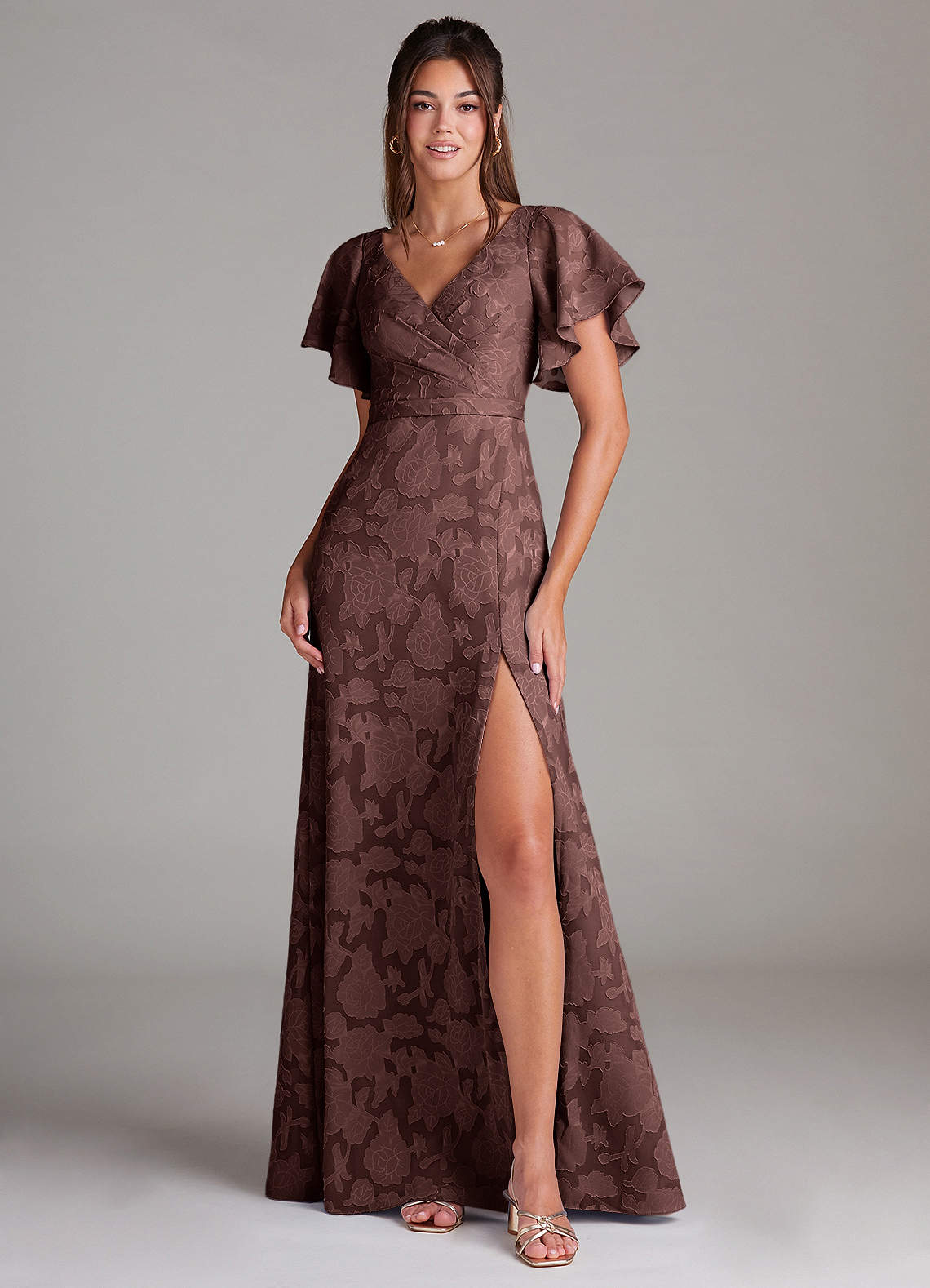 Ambrosia A-Line V-Neck Floral Burnout Bridesmaid Dress in Espresso