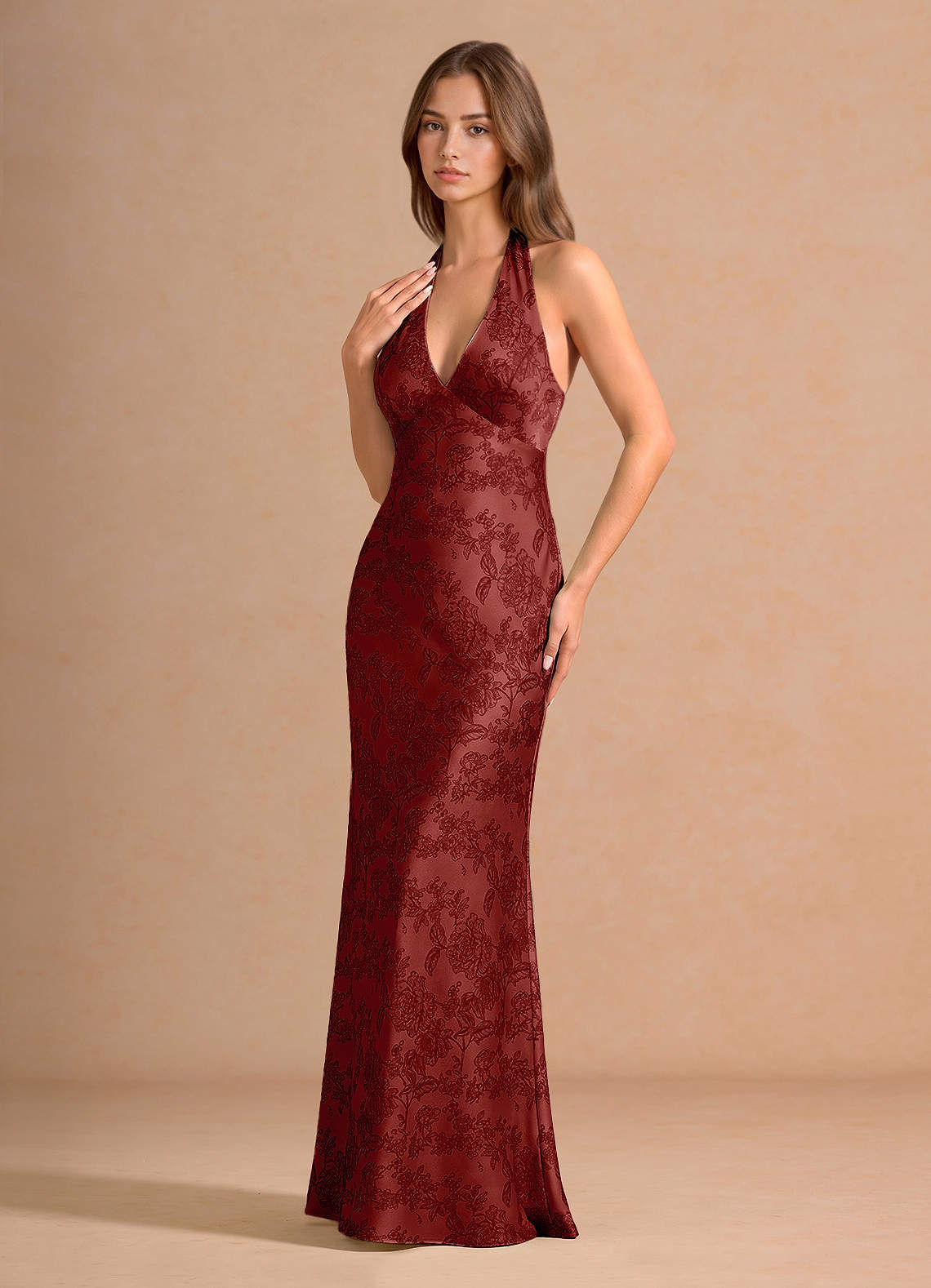 Ottoline Plunging V-Neck Open-Back Jacquard Evening Dress in Orange Red