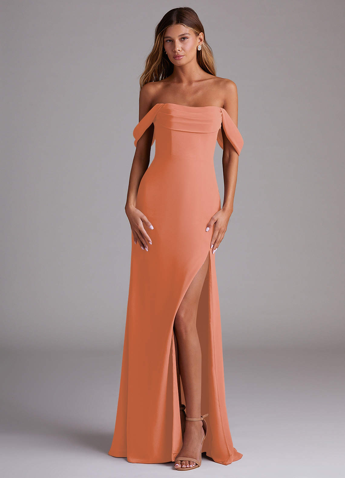 Saige A-Line Off-the-Shoulder Chiffon Bridesmaid Dress in Sunset