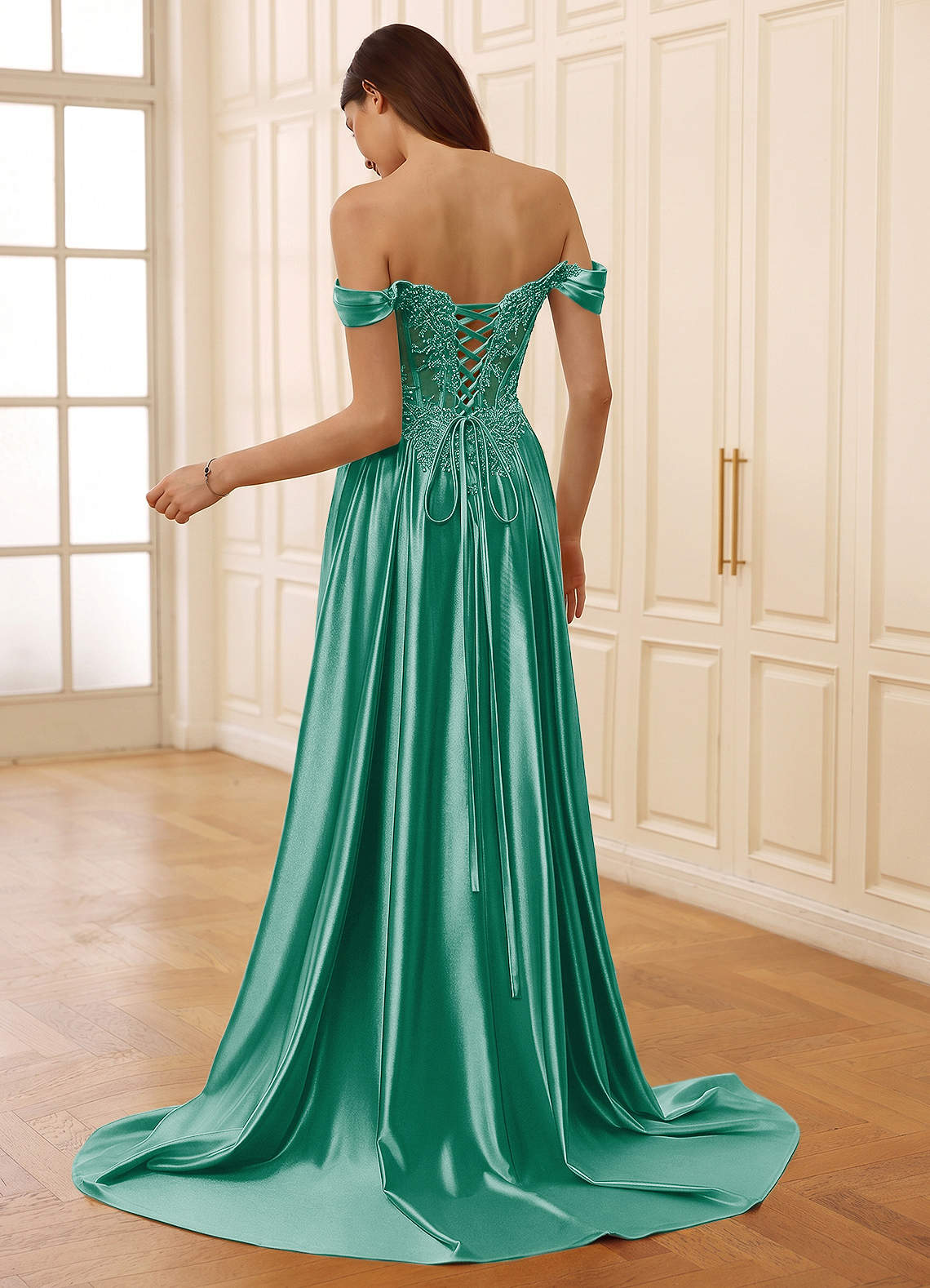 Rowane A-Line Off-the-Shoulder Satin Evening Dress in Basil