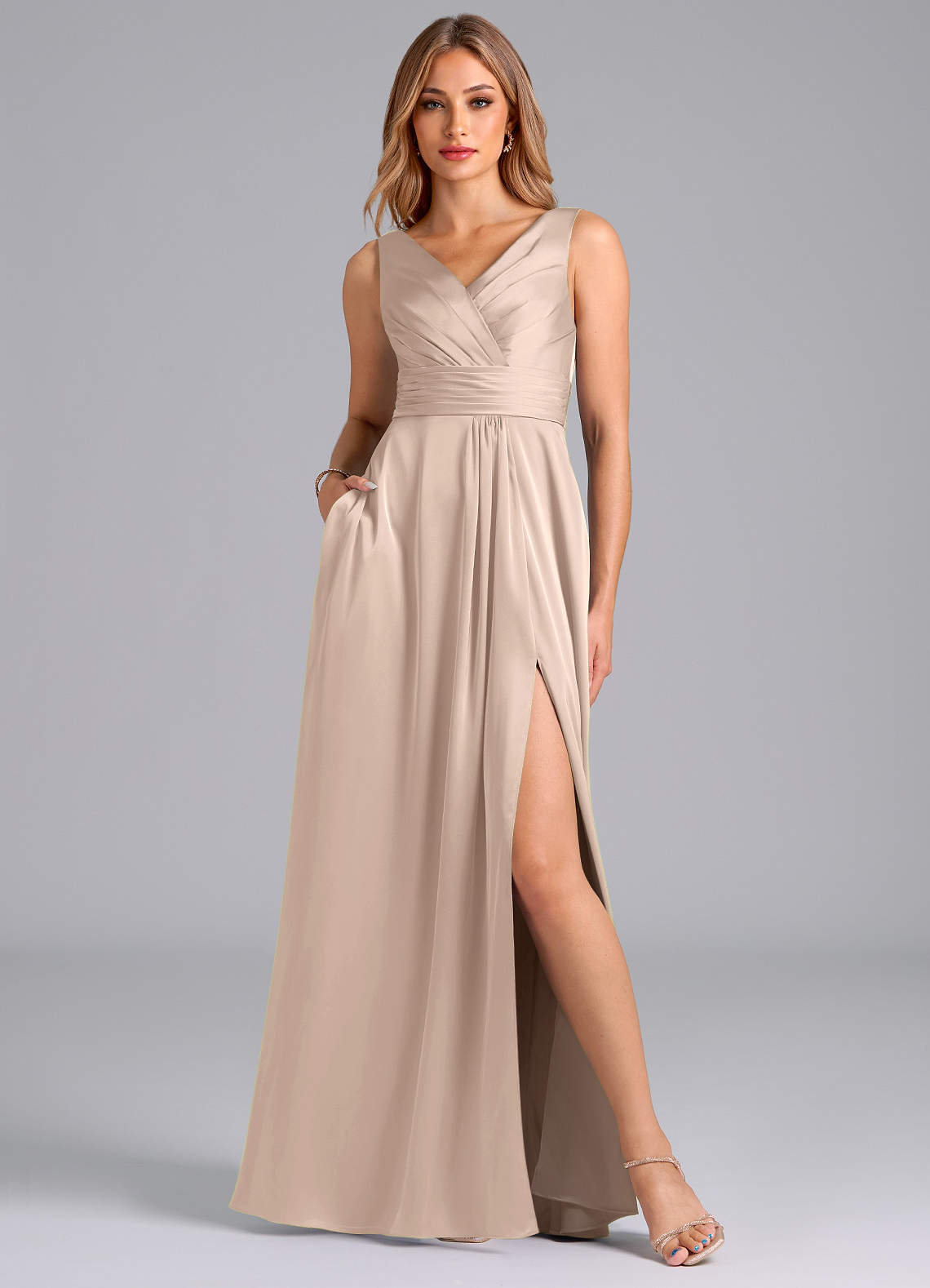 Karina A-Line V-Neck Stretch Satin Bridesmaid Dress in English Rose