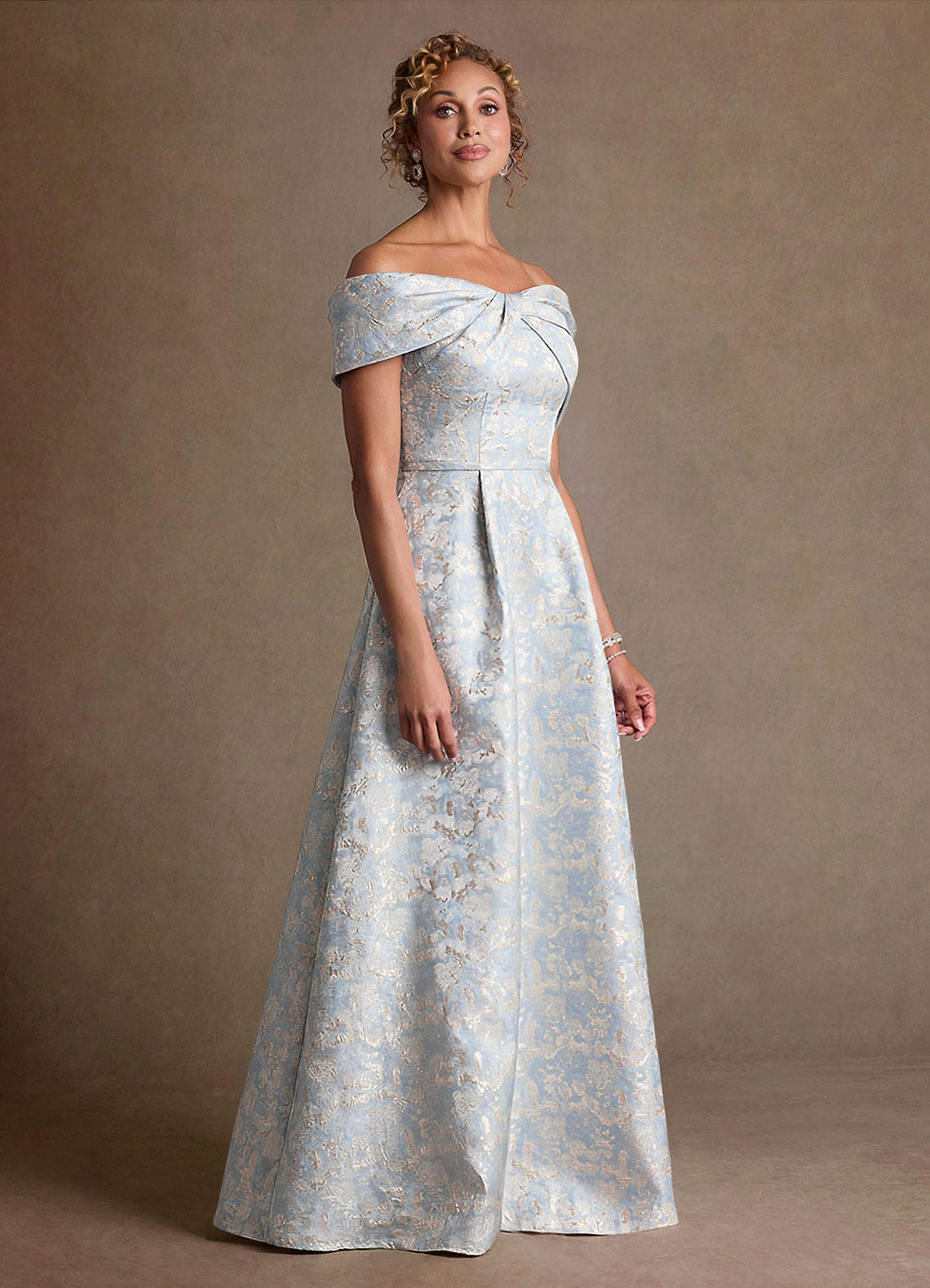 Harriett A-Line Off-the-Shoulder Jacquard Mother of the Bride Dress in dusty blue