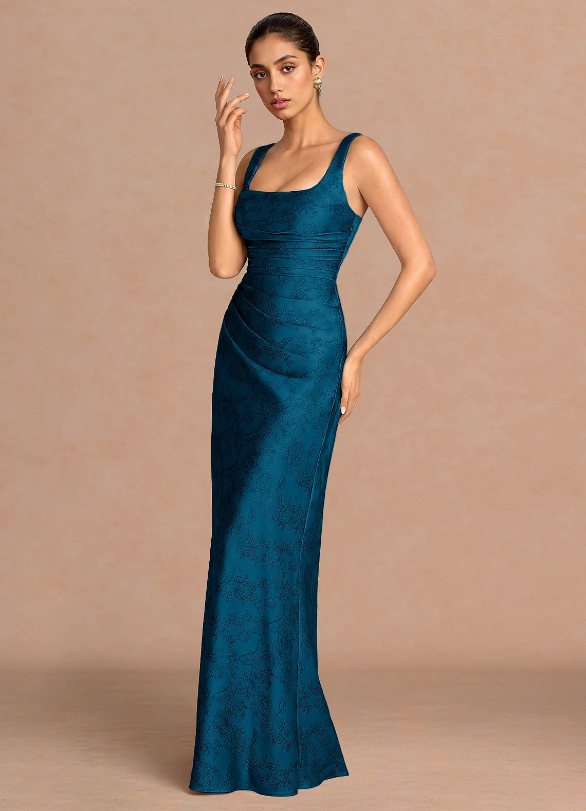 Agustina Square-Neck Pleated Jacquard Evening Dress in Navy Black