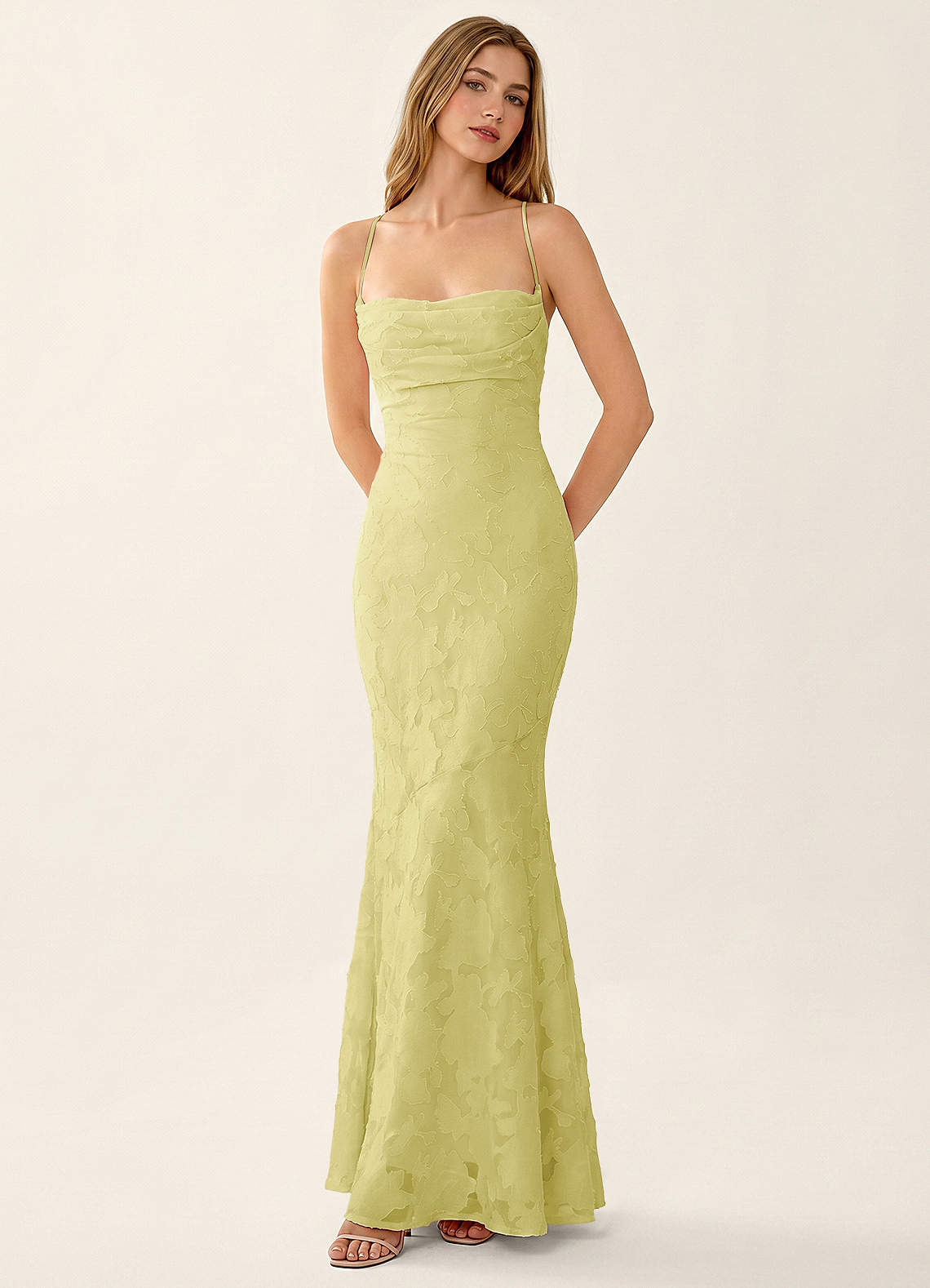 Natasha Mermaid Spaghetti-Strap Floral Burnout Evening Dress in Lemon Sorbet
