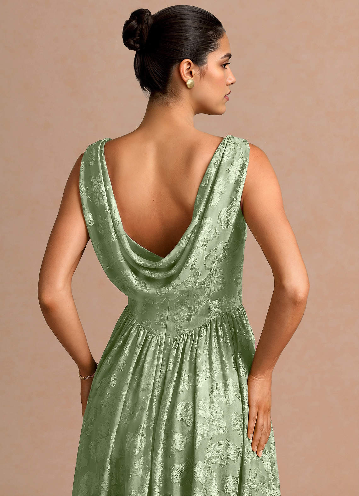 Novi A-Line Draped-Neck Floral Fil Coupé Evening Dress in Light Green
