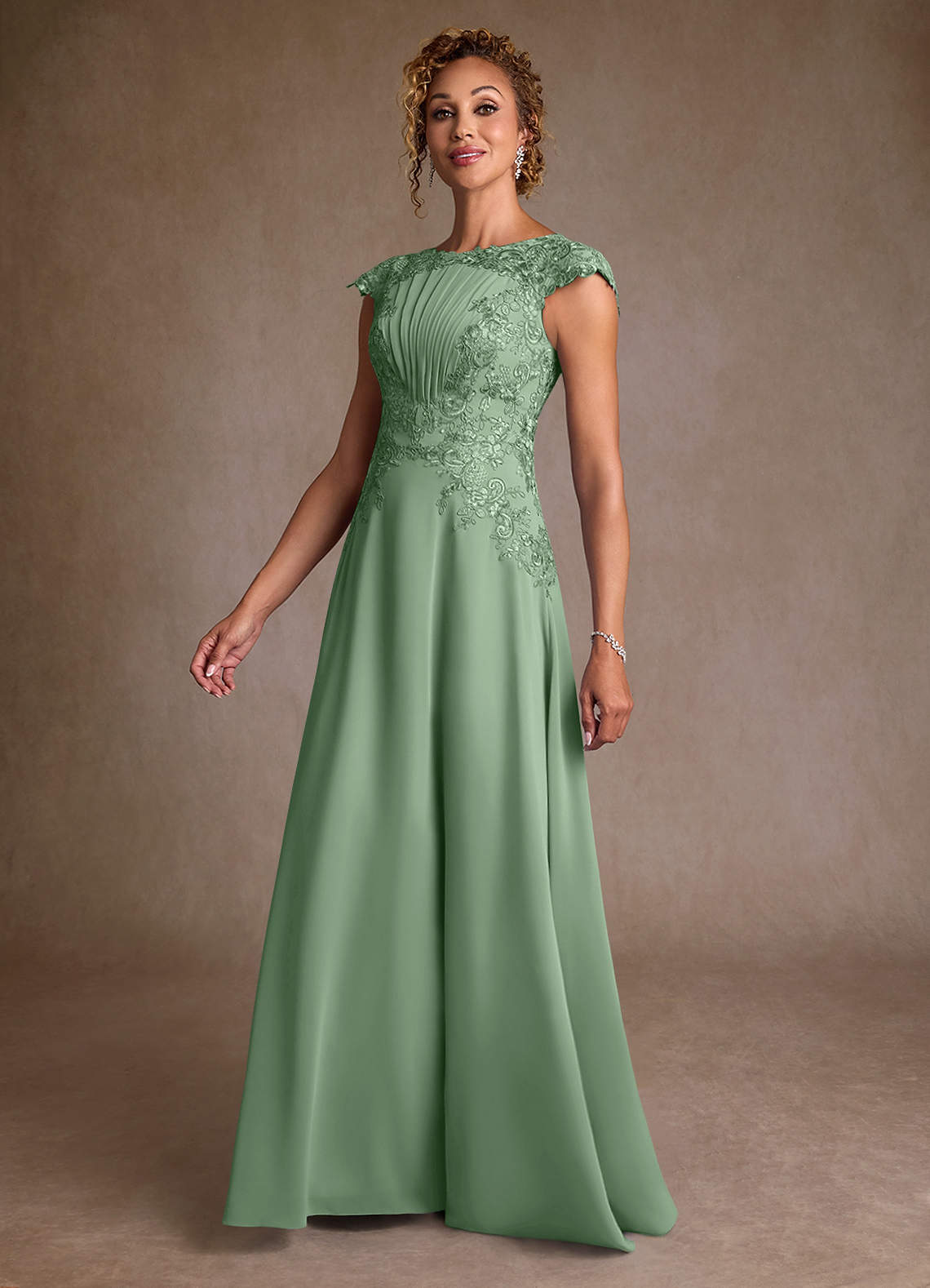 Christi A-Line Scoop-Neck Chiffon and Lace Mother of the Bride Dress in matcha