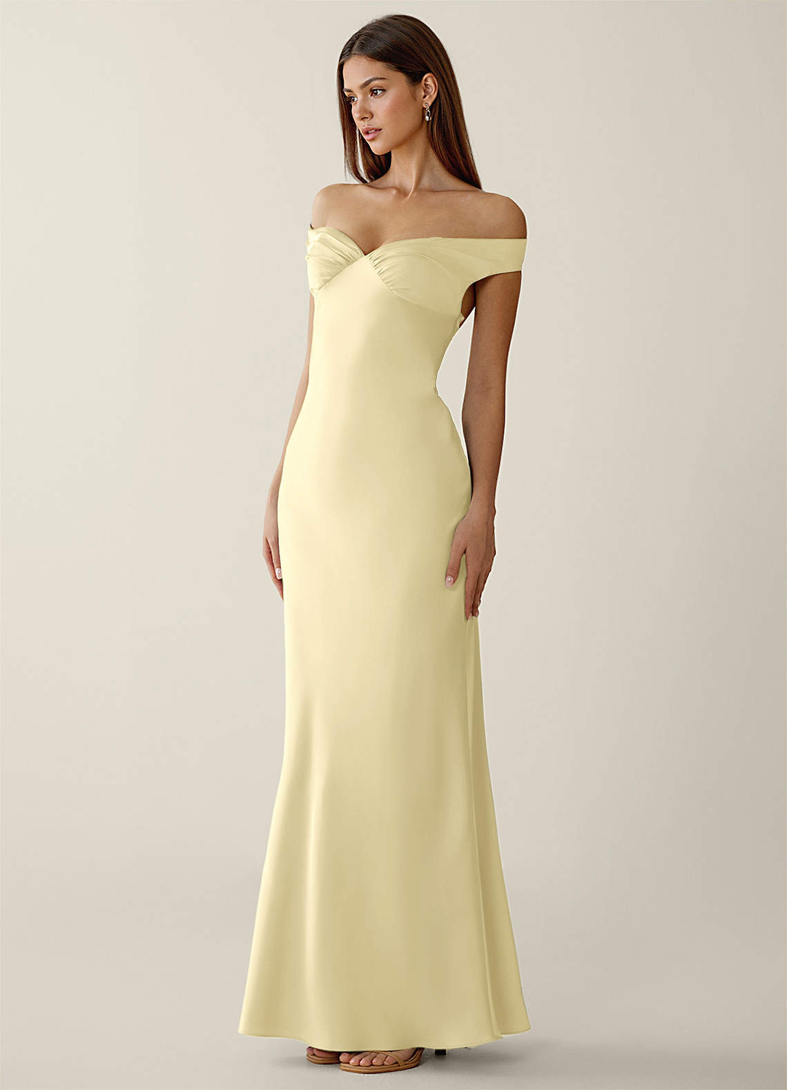 Gwendonme Sheath Off-the-Shoulder Satin Crystal Linen Evening Dress in Lemon Sorbet