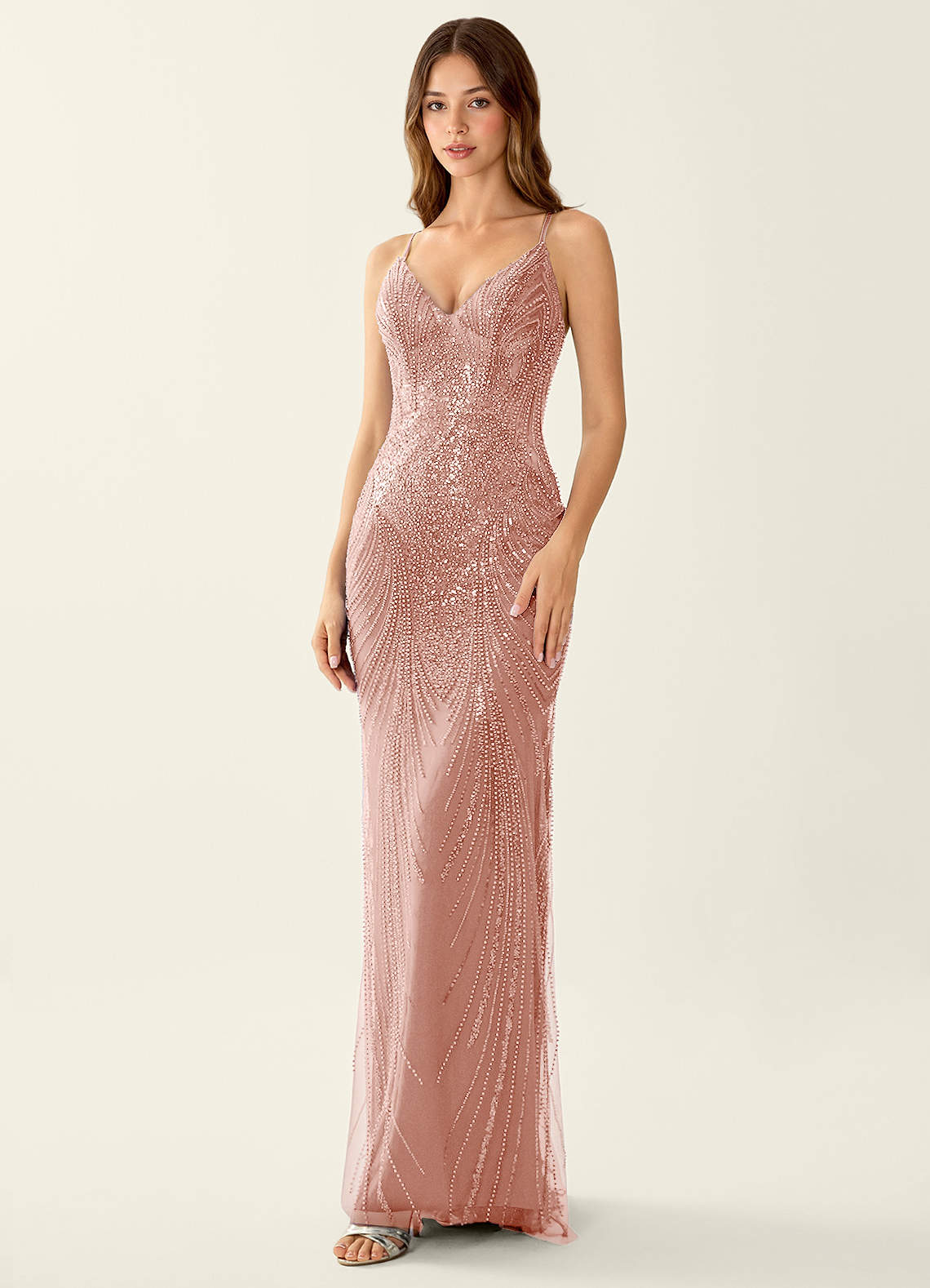 Magnolia Mermaid Beaded Sequined Stretch Mesh Evening Dress in Dusty Pink