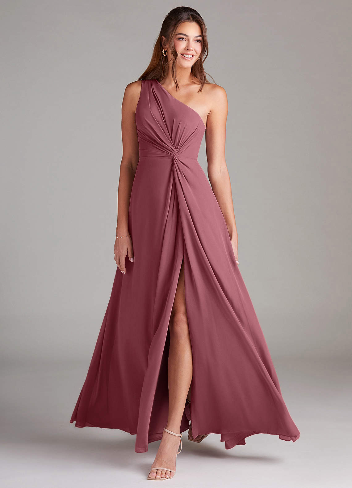 Brooke A-Line One-Shoulder Chiffon Bridesmaid Dress in Desert Rose