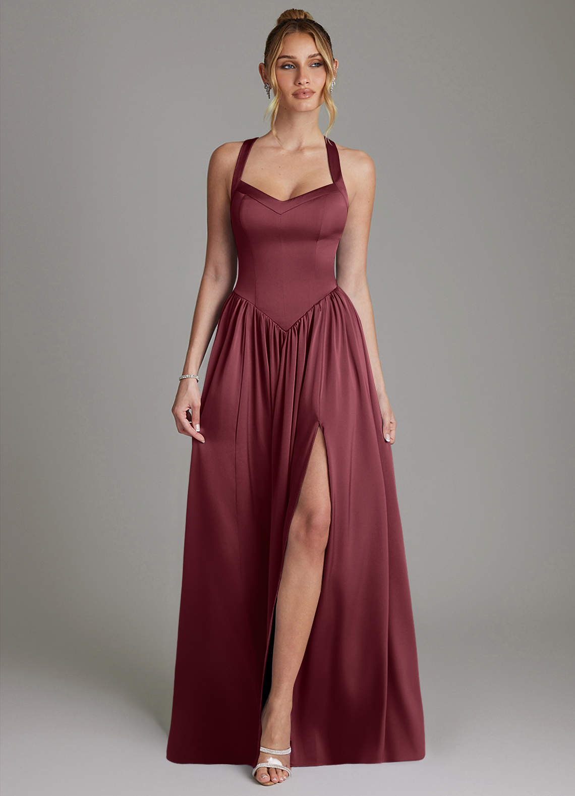 Francis A-Line V-Neck Stretch Satin Bridesmaid Dress in Merlot