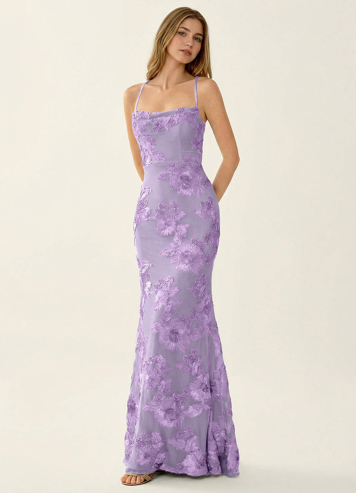 Kailani Mermaid Spaghetti-Strap Lace Evening Dress in Wisteria
