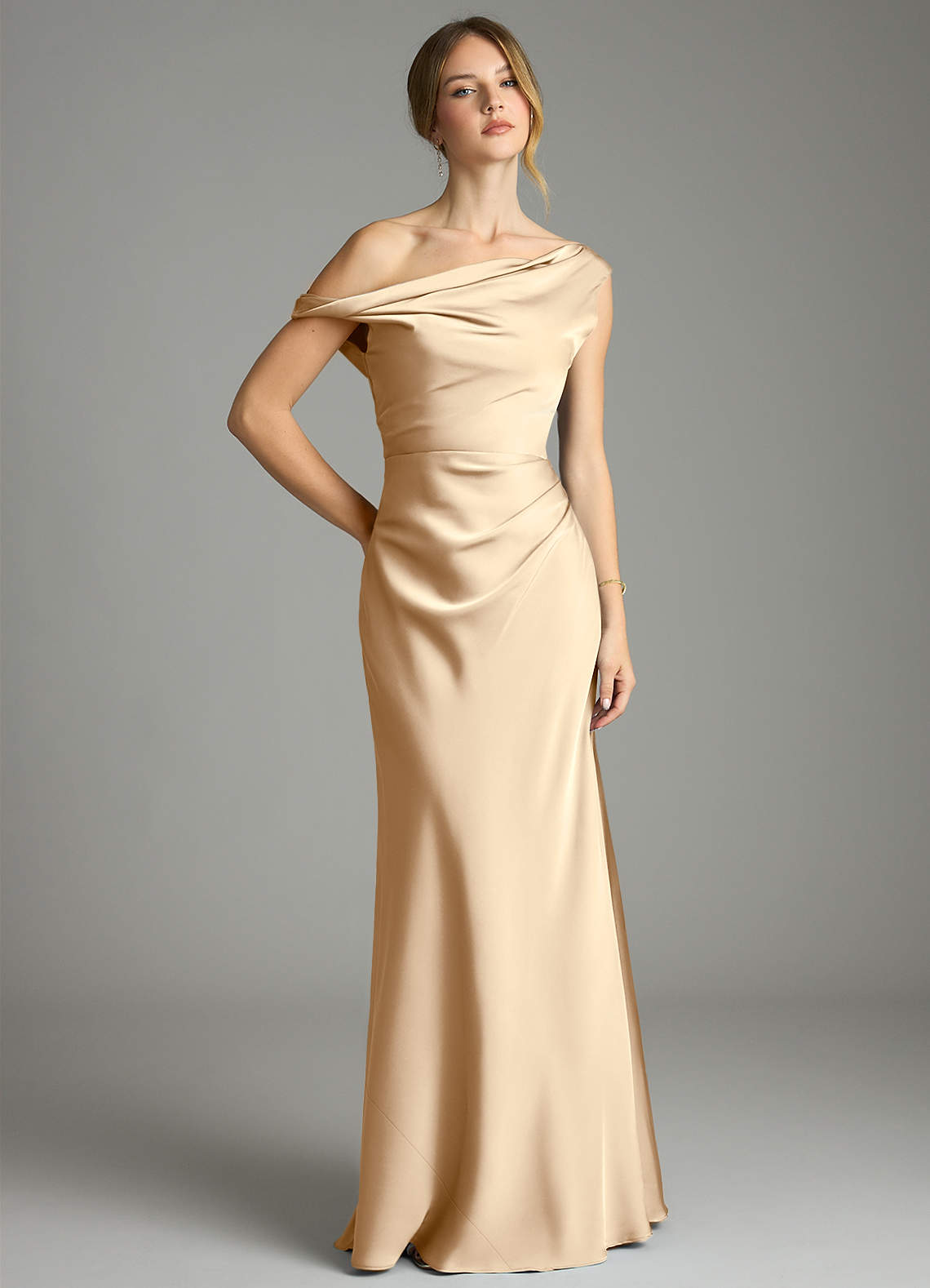 Emerson Mermaid One-Shoulder Stretch Satin Bridesmaid Dress in Champagne