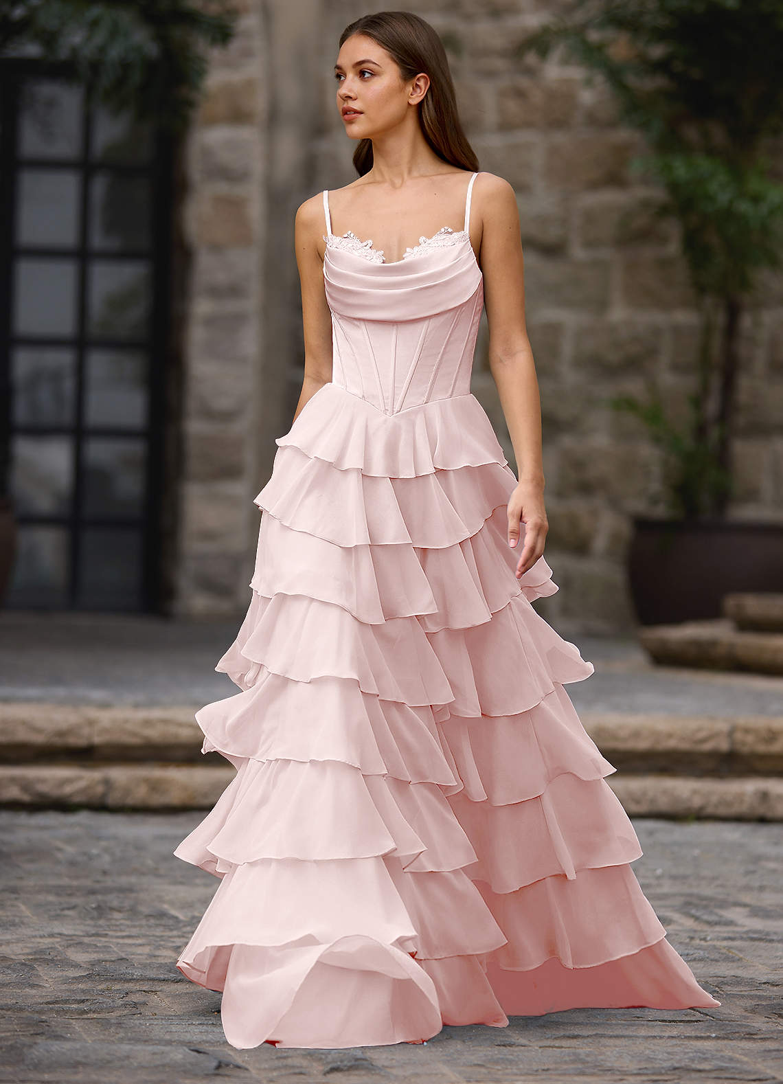 Floralace A-Line Ruffle Chiffon Evening Dress in Powder Pink