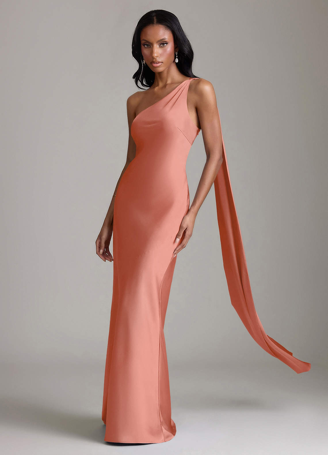 Juniper Mermaid One-Shoulder Stretch Satin Bridesmaid Dress in Salmon Pink