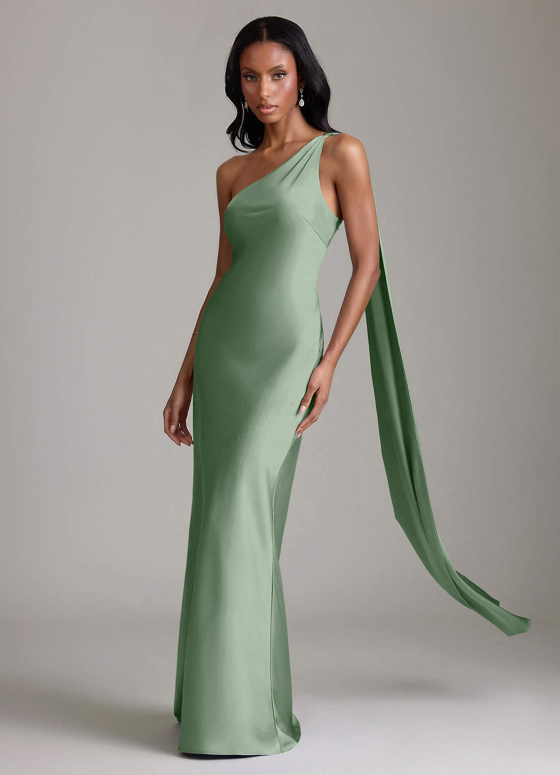 Juniper Mermaid One-Shoulder Stretch Satin Bridesmaid Dress in Matcha