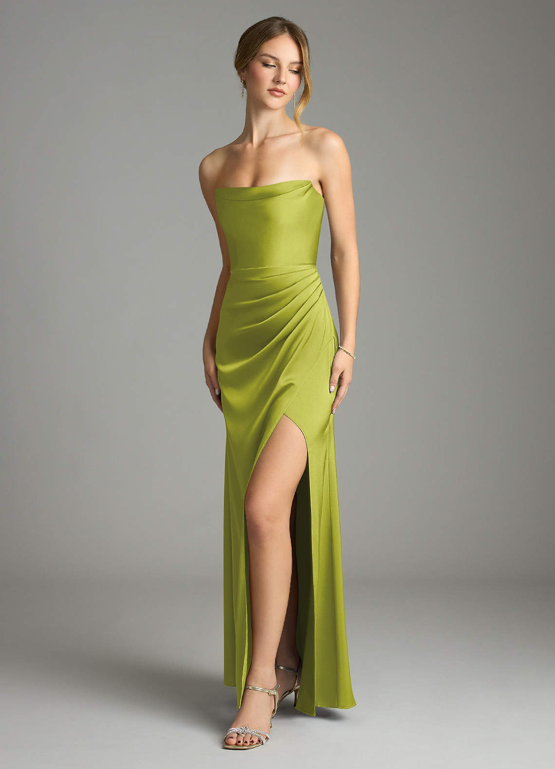 Leonis Mermaid Cowl-Neck Stretch Satin Bridesmaid Dress in Lemongrass