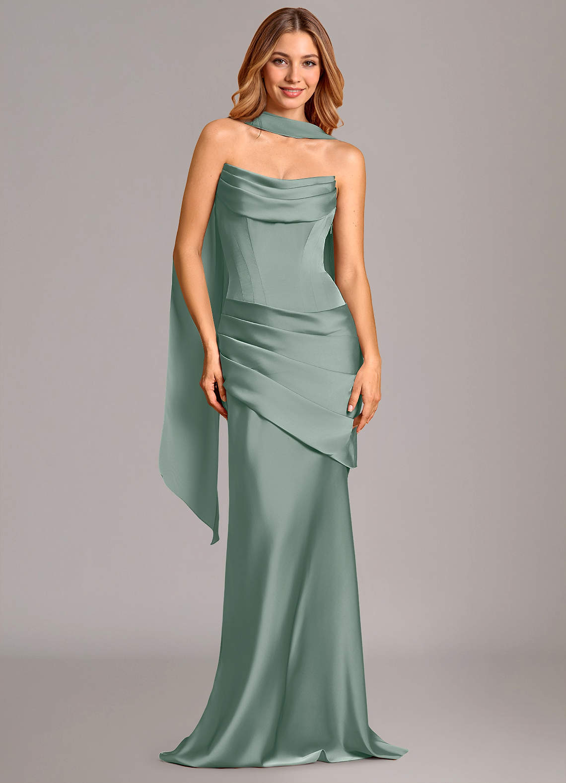 Pelagia Mermaid Cowl-Neck Stretch Satin Bridesmaid Dress in Silver Sage