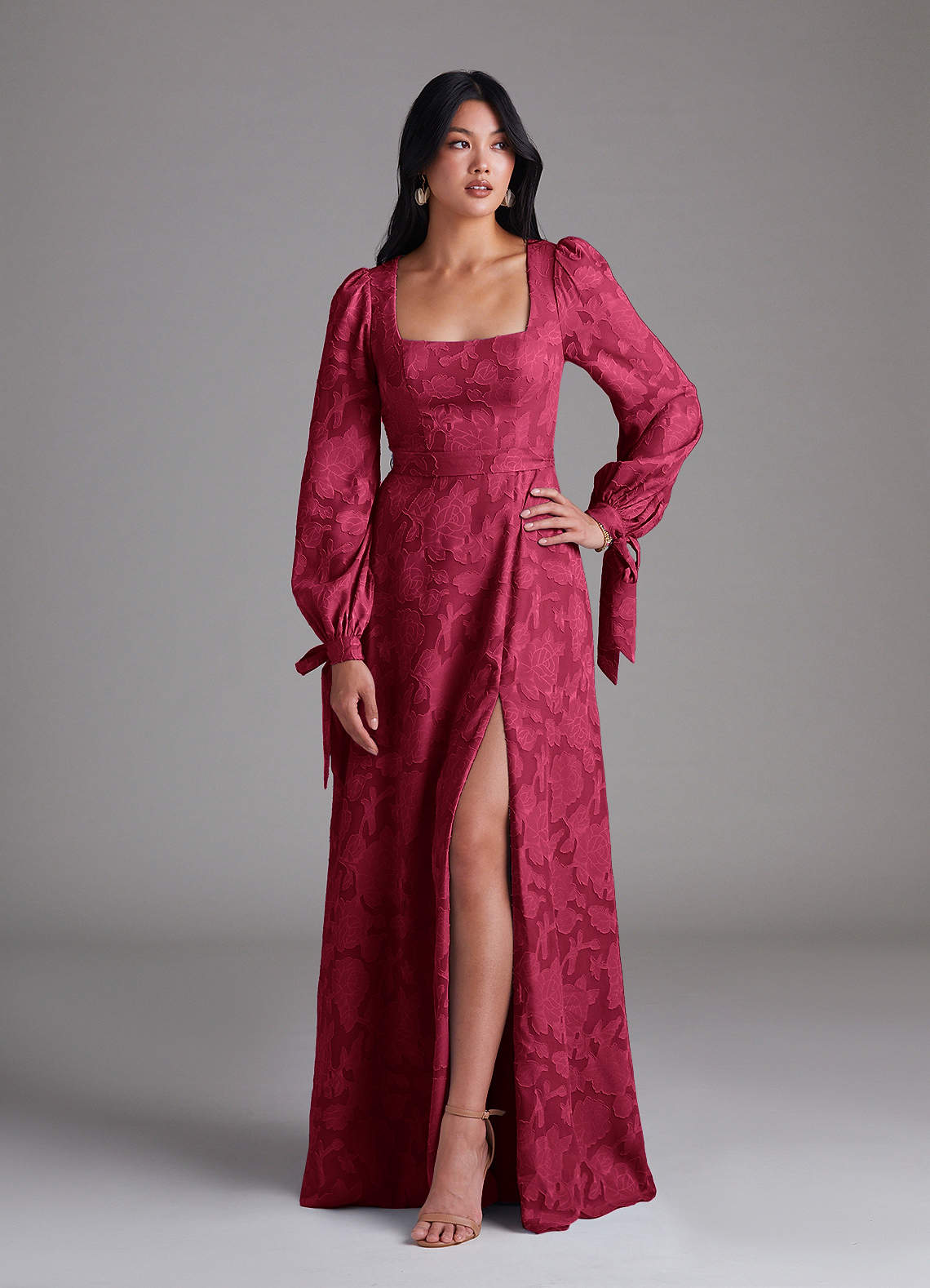 Leonia A-Line Square-Neck Stretch Satin Bridesmaid Dress in Burgundy