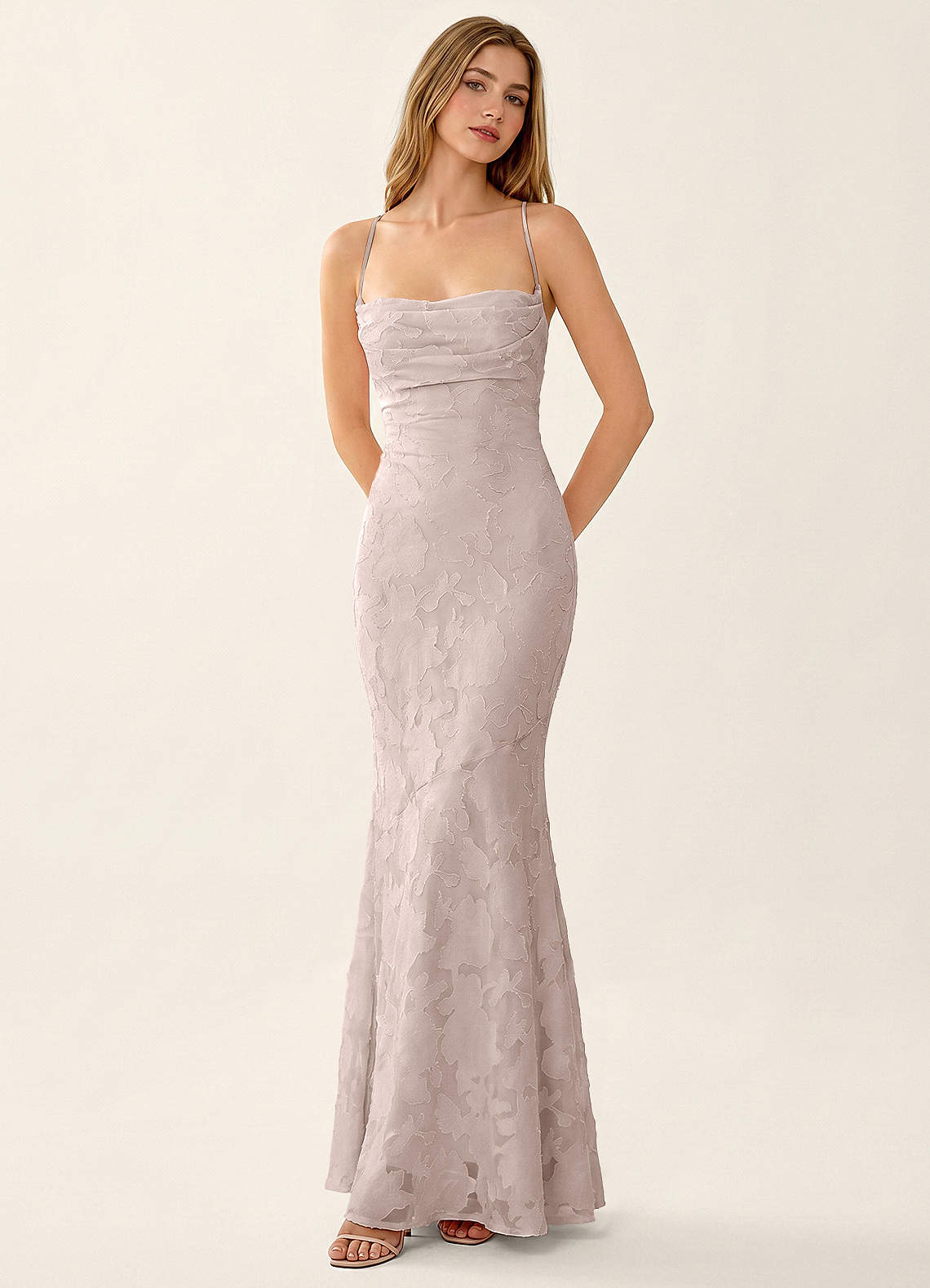 Natasha Mermaid Spaghetti-Strap Floral Burnout Evening Dress in Powder Pink