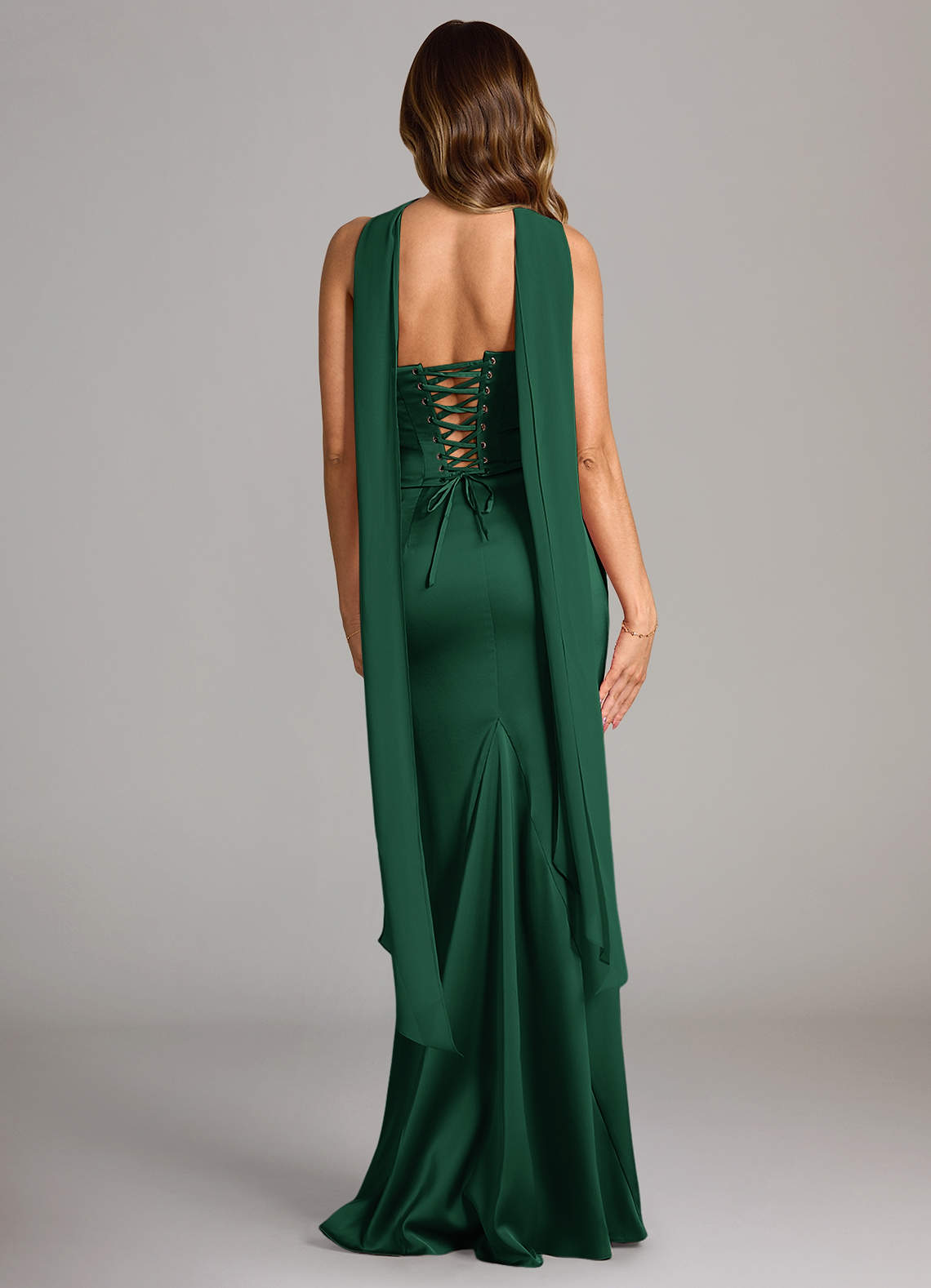 Sorrel Mermaid Cowl-Neck Stretch Satin and Chiffon Bridesmaid Dress in Dark Green