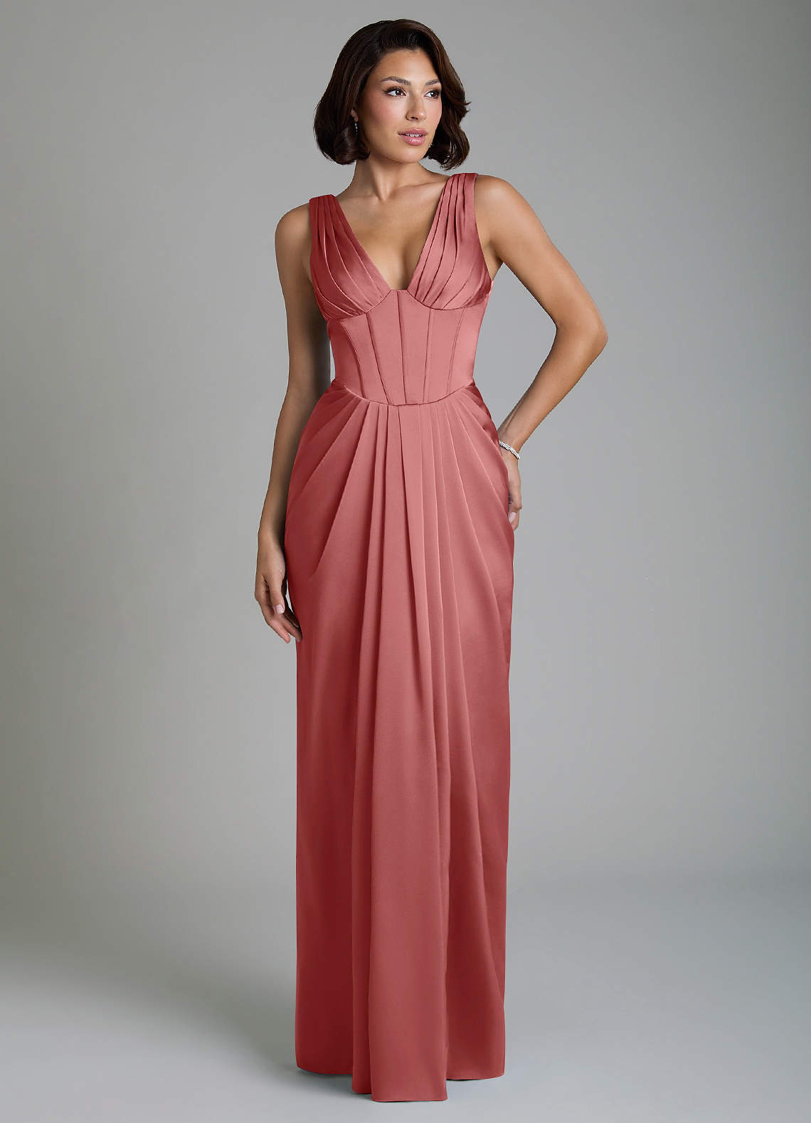 Vanya Sheath V-Neck Stretch Satin Bridesmaid Dress in Antique Rose