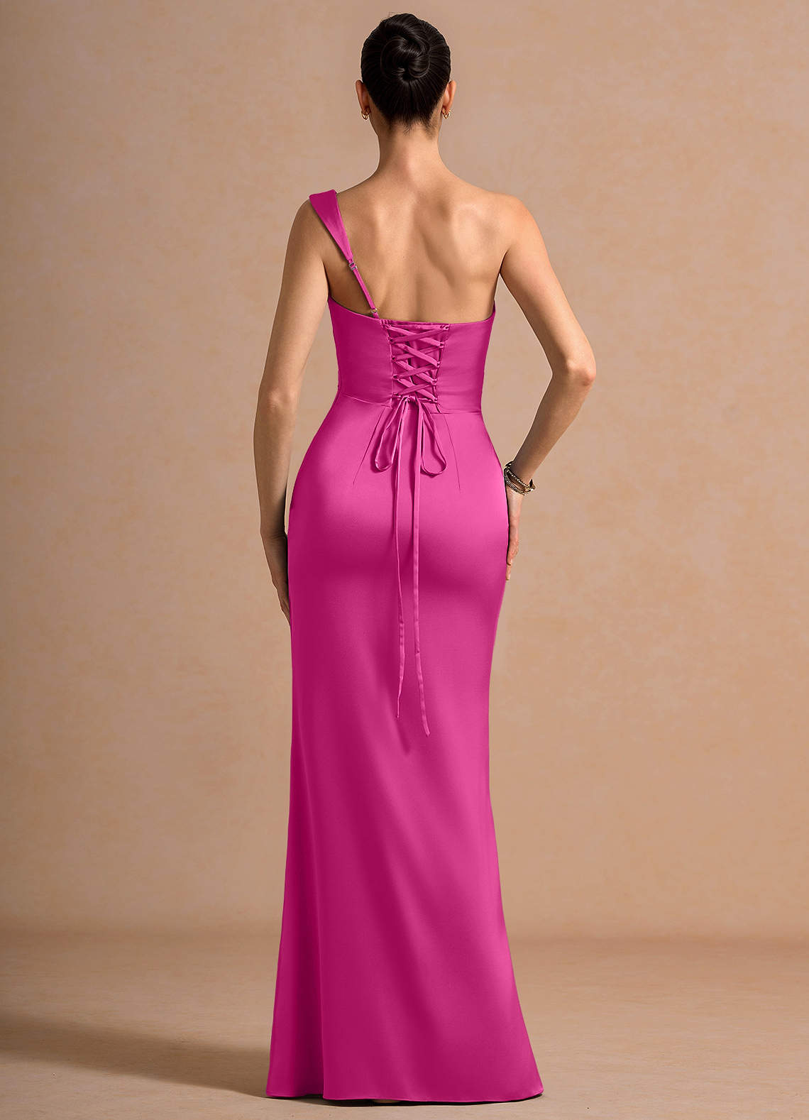 Cassiopeia One-Shoulder Draped Stretch Satin Evening Dress in Hot Pink