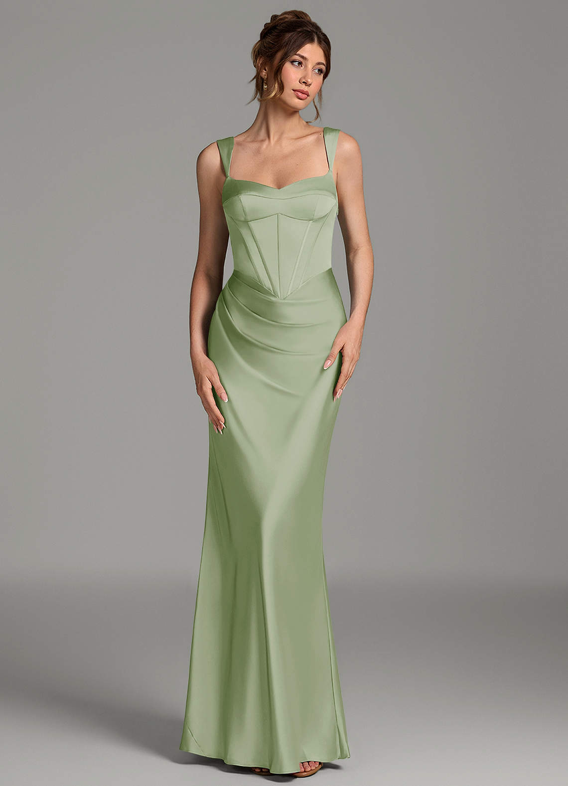 Mela Sheath Sweetheart Stretch Satin Bridesmaid Dress in Dusty Sage