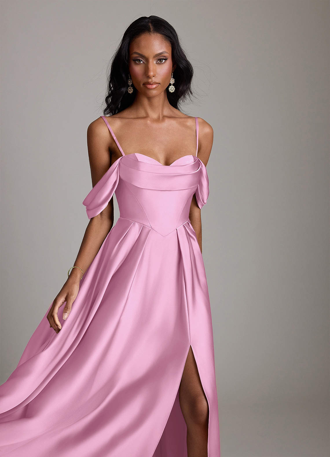 Loisa A-Line Off-the-Shoulder Stretch Satin Bridesmaid Dress in candy pink