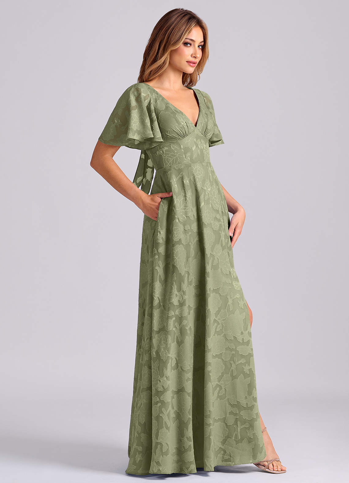 Kimber A-Line V-Neck Floral Burnout Bridesmaid Dress in Pistachio