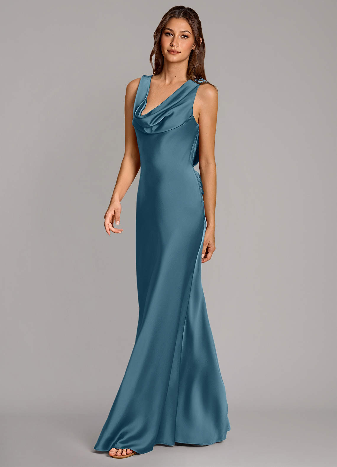 Cheryl Mermaid Cowl-Neck Stretch Satin Bridesmaid Dress in Bermuda
