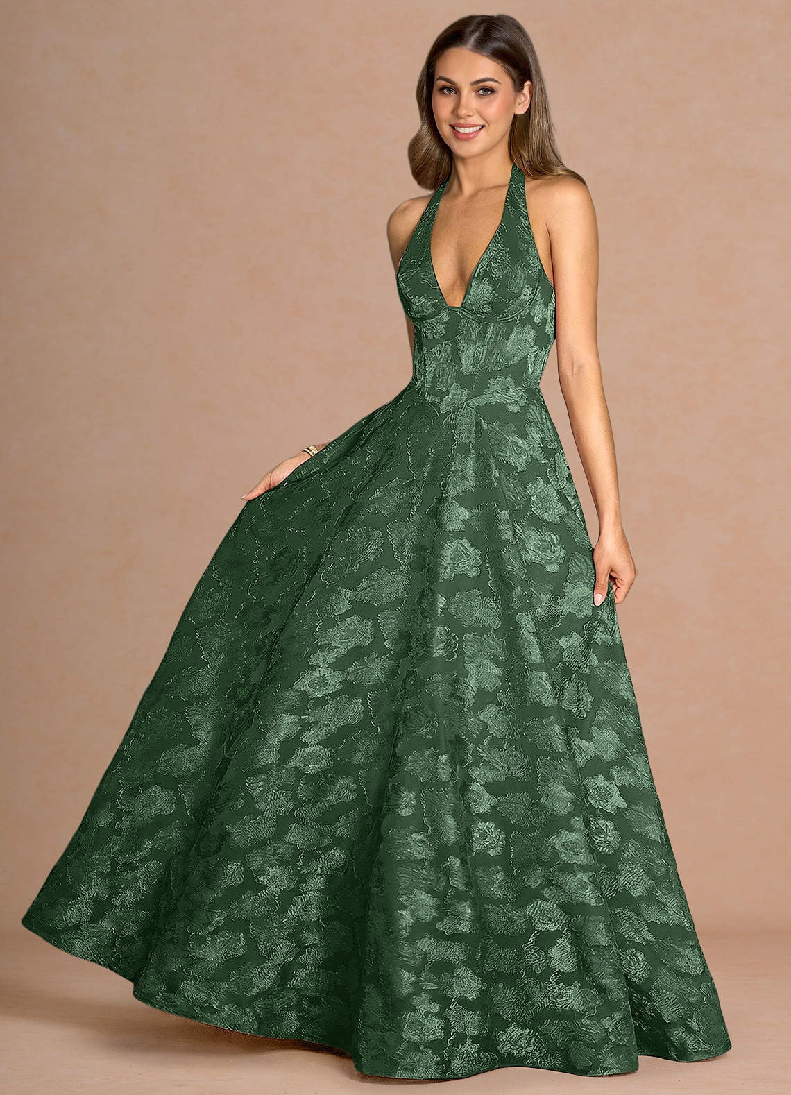 Isabeau A-Line V-Neck Fil Coupé Evening Dress in Eucalyptus