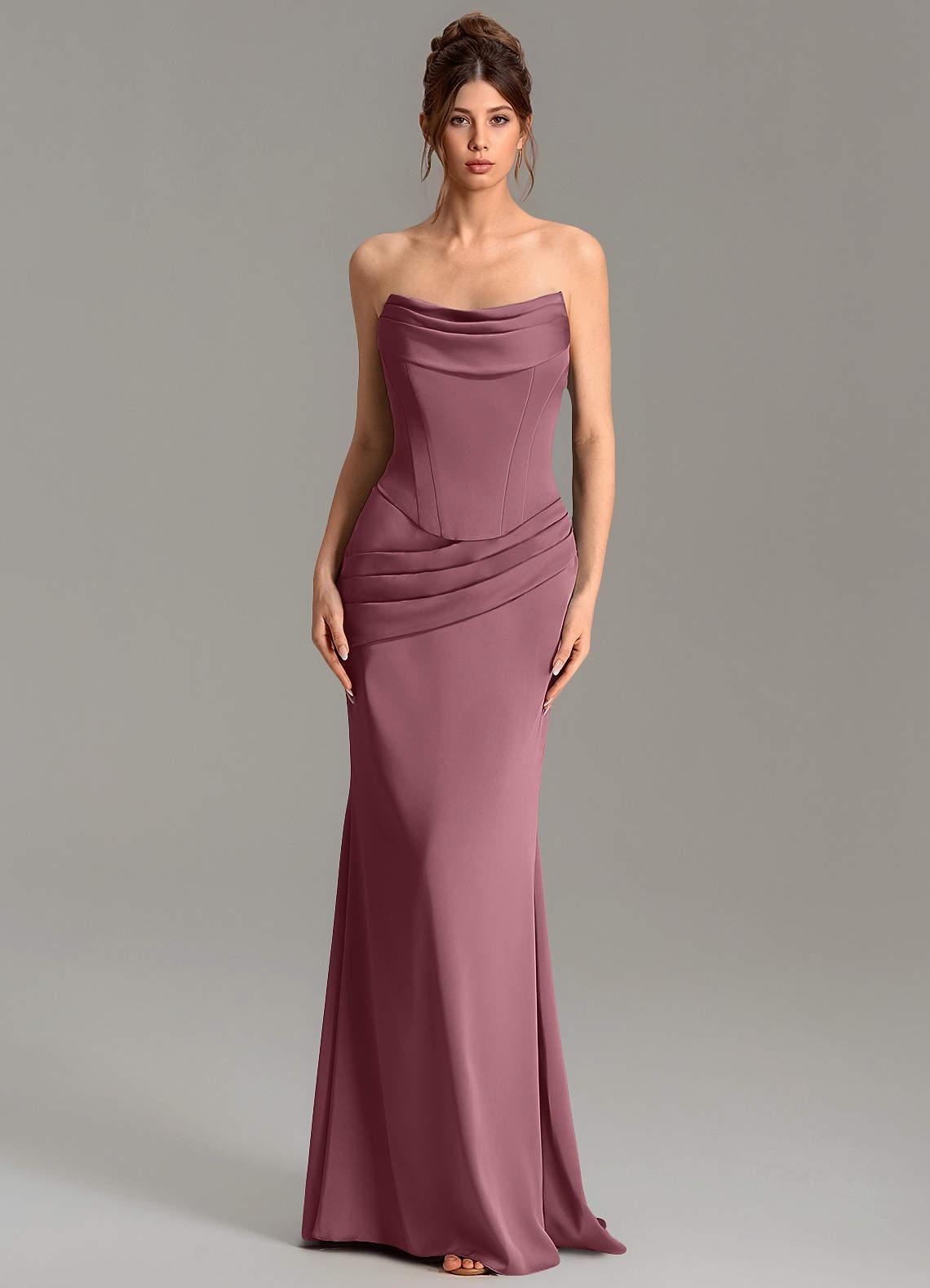 Adrienne Mermaid Cowl-Neck Stretch Satin Bridesmaid Dress in Desert Rose