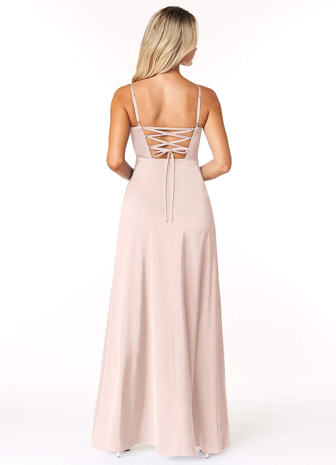 Marchella A-Line V-Neck Stretch Satin Bridesmaid Dress in Blushing Pink