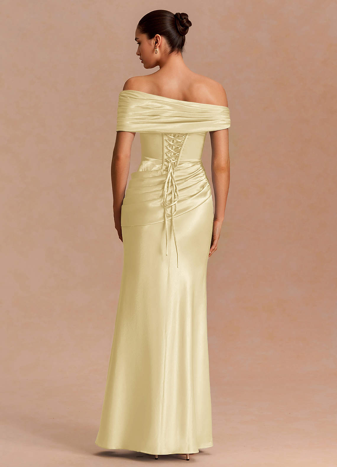 Leonie Strapless Draped-Shoulder Satin Evening Dress in Lemon Sorbet