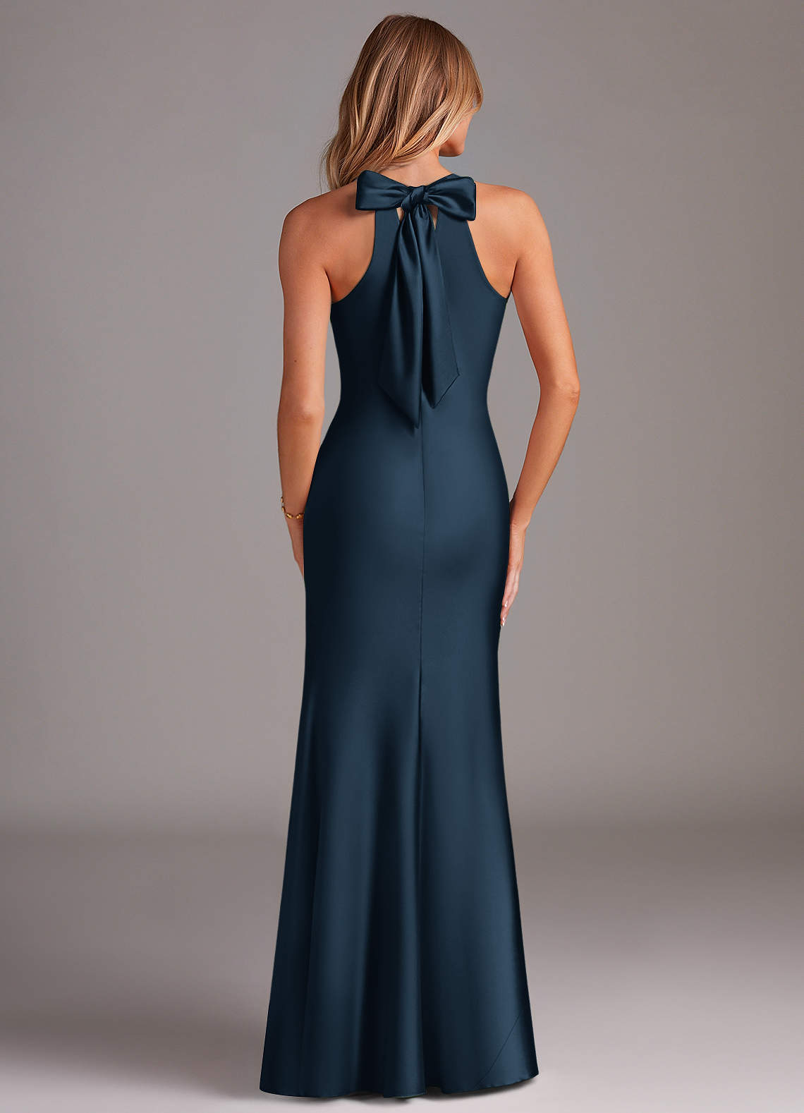 Doretta Mermaid Halter Stretch Satin Bridesmaid Dress in Dark Navy