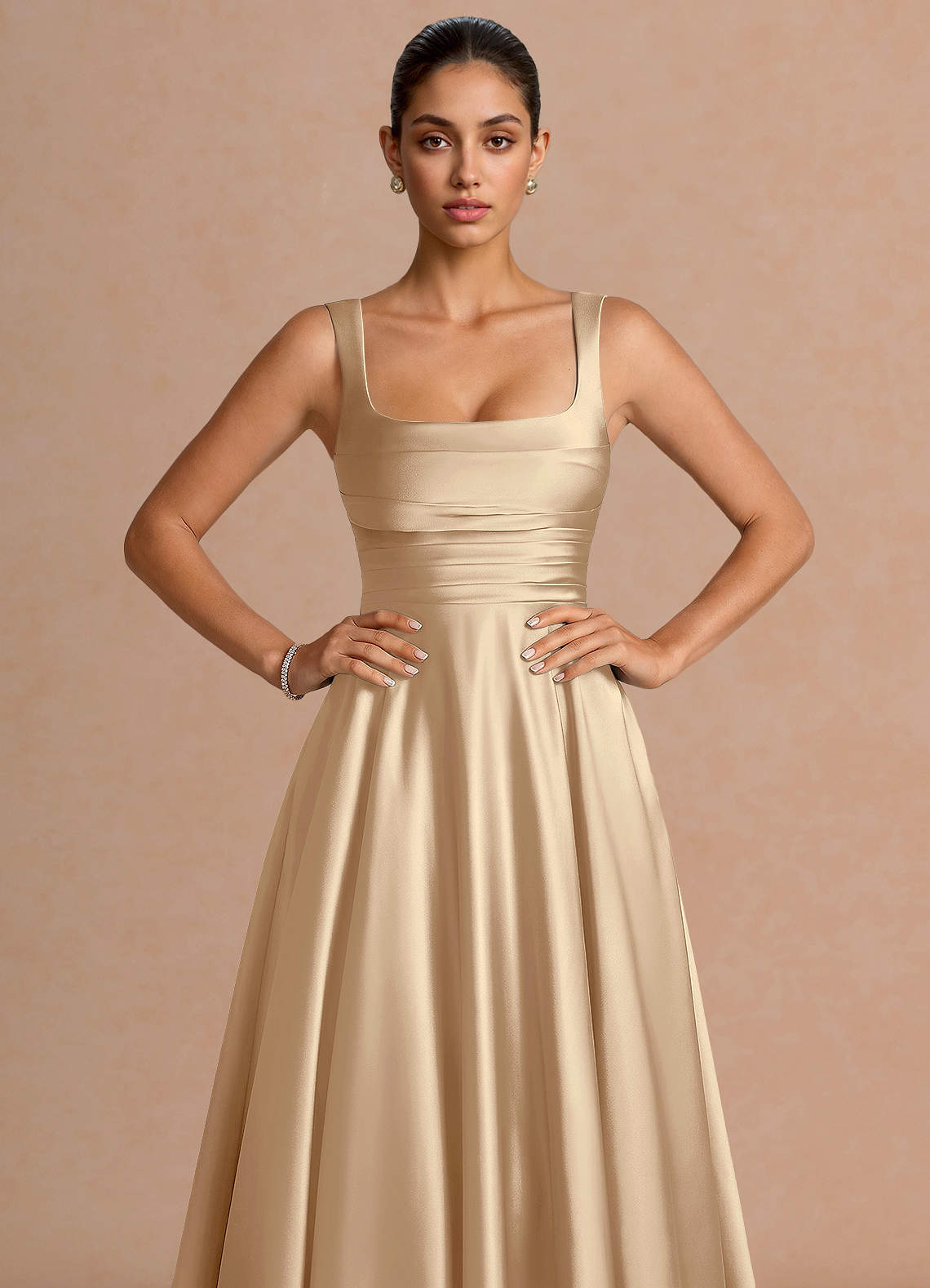 Azaria A-Line Square-Neck Stretch Satin Wedding Guest Dress in Champagne