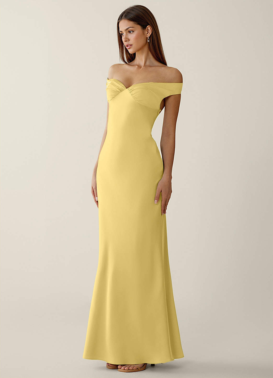 Gwendonme Sheath Off-the-Shoulder Satin Crystal Linen Evening Dress in Pastel Yellow