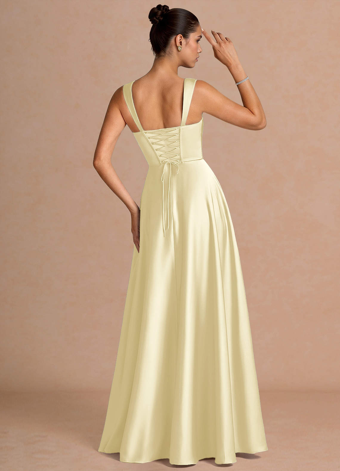 Azaria A-Line Square-Neck Stretch Satin Wedding Guest Dress in Butter Yellow