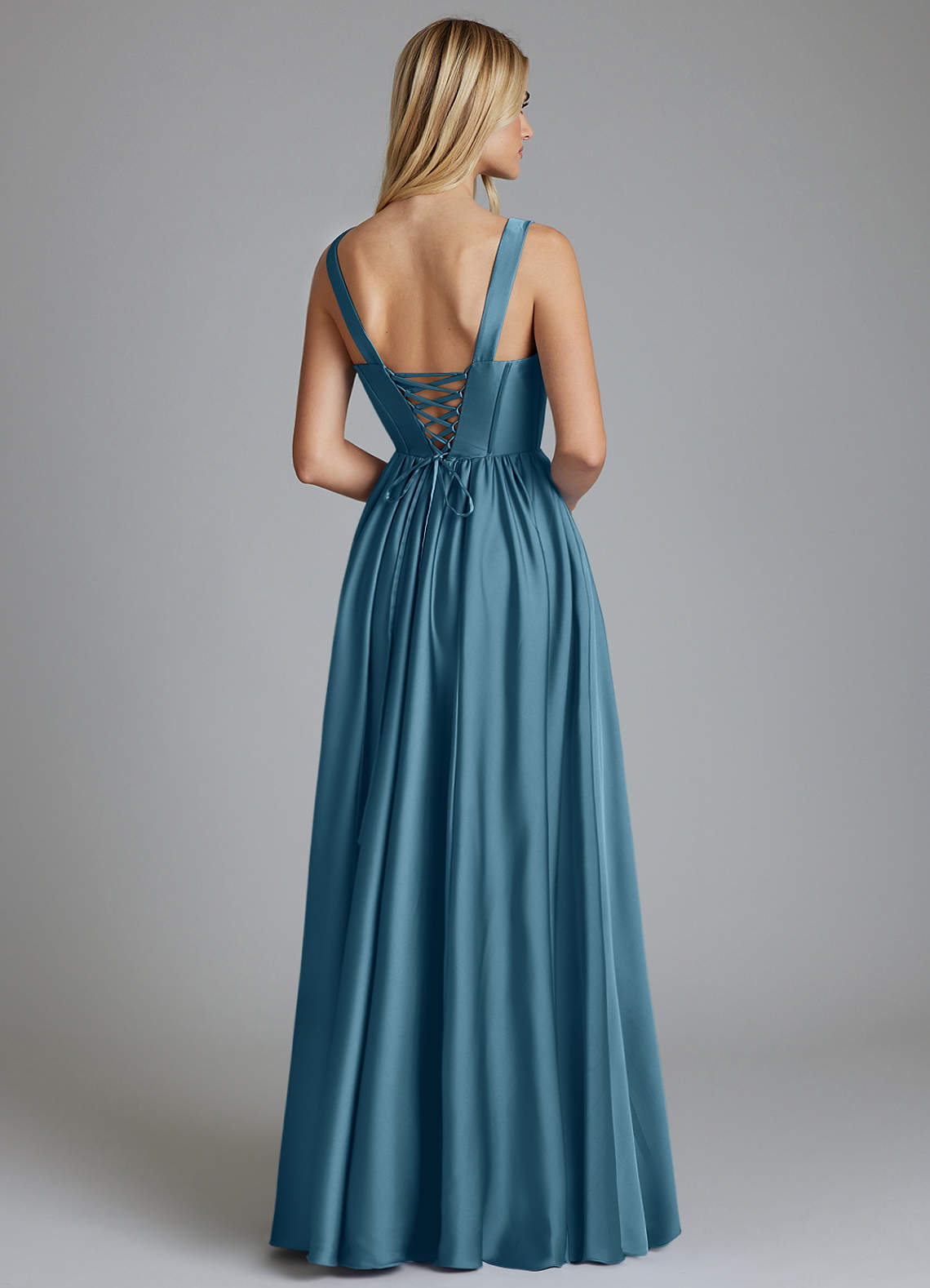 Delmie A-Line V-Neck Stretch Satin Bridesmaid Dress in Bermuda