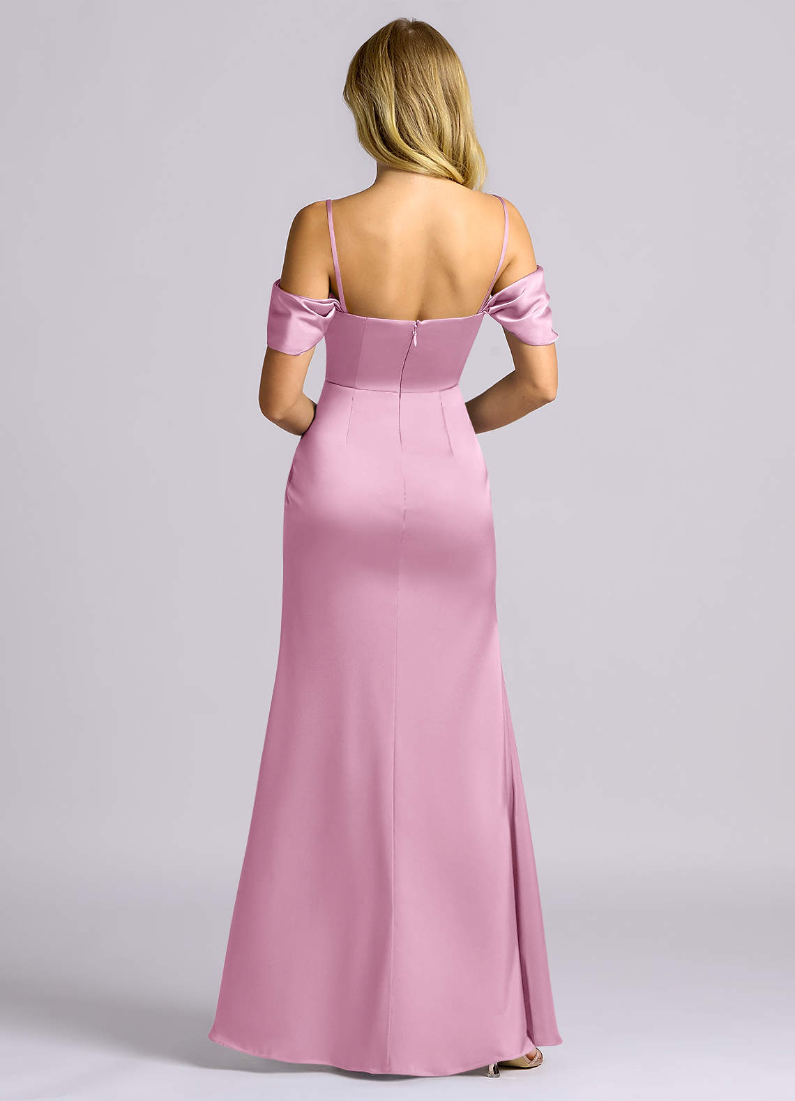 Auden Sheath Off-the-Shoulder Stretch Satin Bridesmaid Dress in candy pink