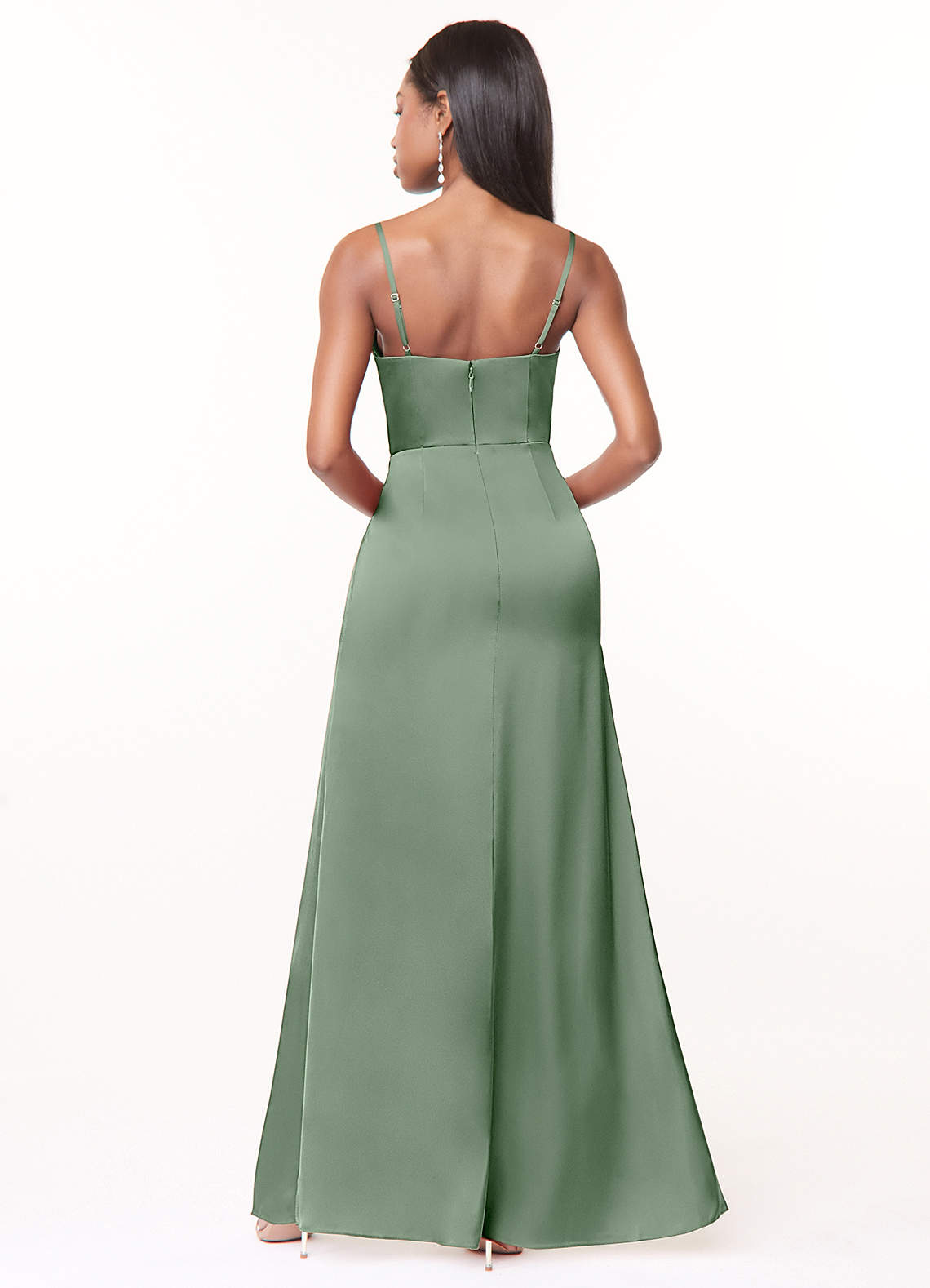Maci A-Line V-Neck Stretch Satin Bridesmaid Dress in Matcha