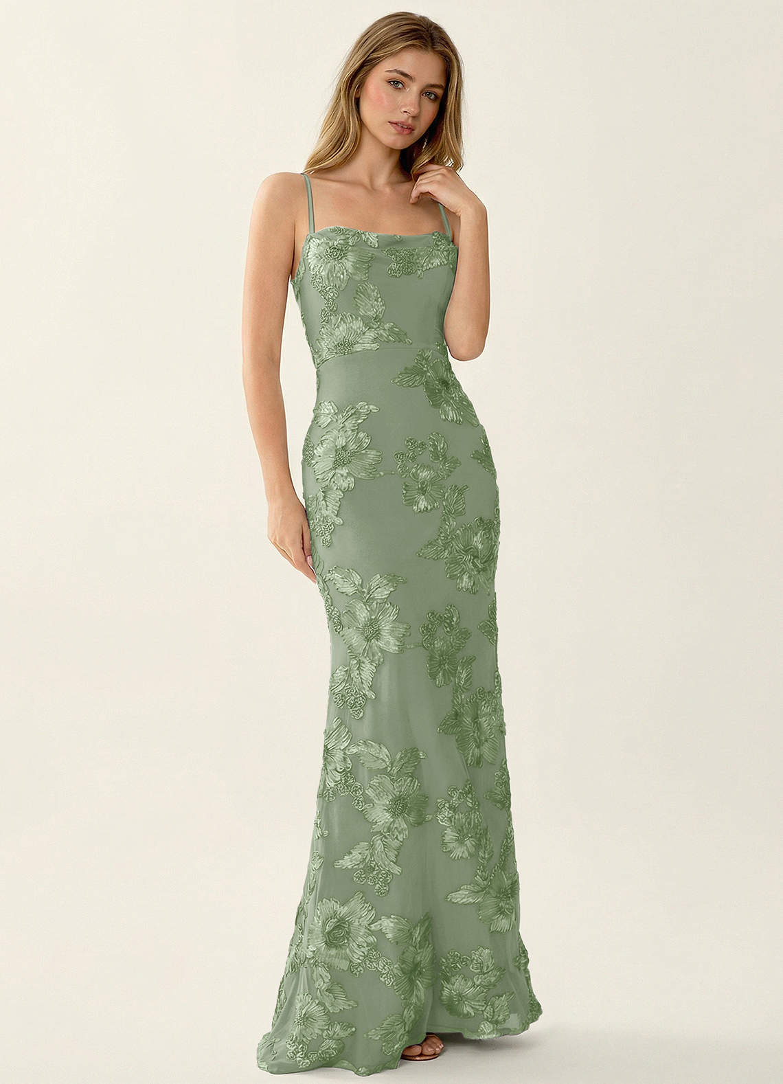 Kailani Mermaid Spaghetti-Strap Lace Evening Dress in Sage