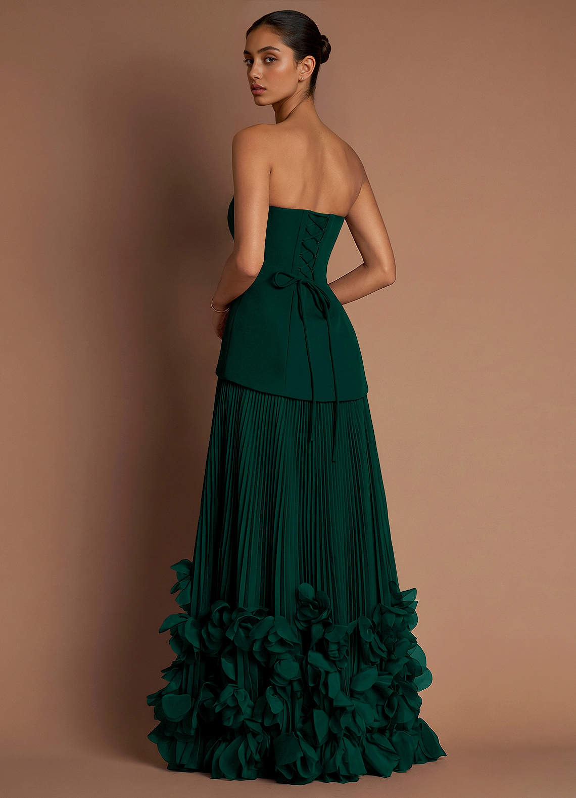 Marnie A-Line Corset Crepe Chiffon Evening Dress in Forest Green