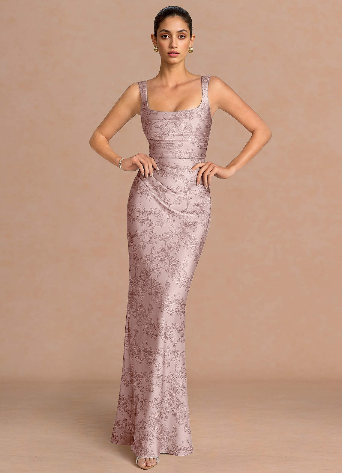 Agustina Square-Neck Pleated Jacquard Evening Dress in Pink