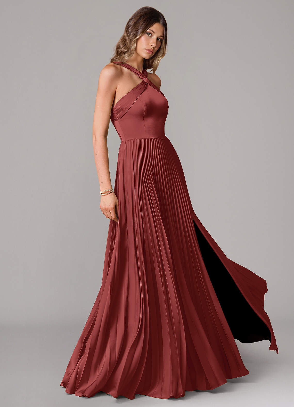 Afra A-Line Halter-Neck Stretch Satin Bridesmaid Dress in Terracotta