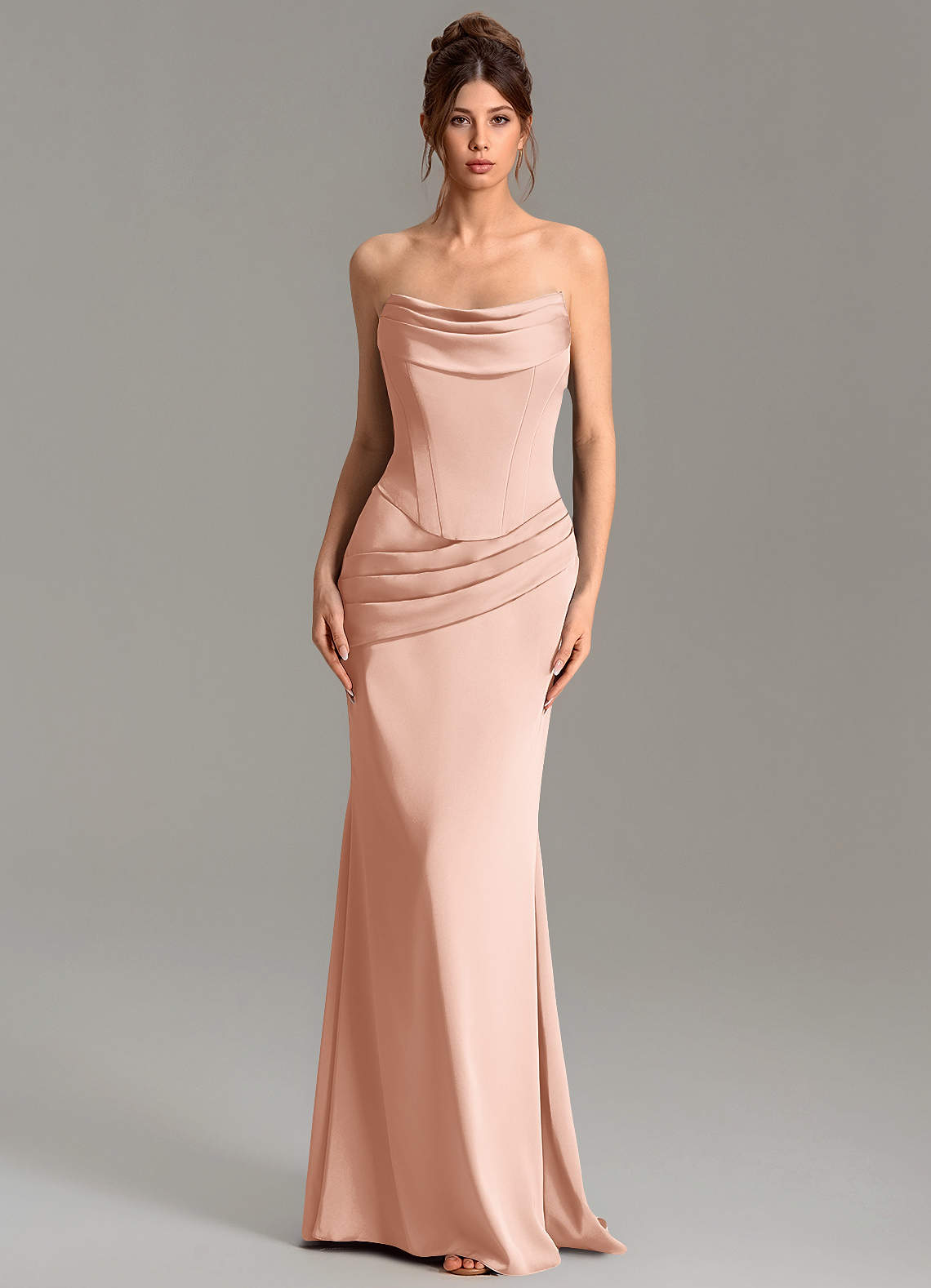 Adrienne Mermaid Cowl-Neck Stretch Satin Bridesmaid Dress in rose gold