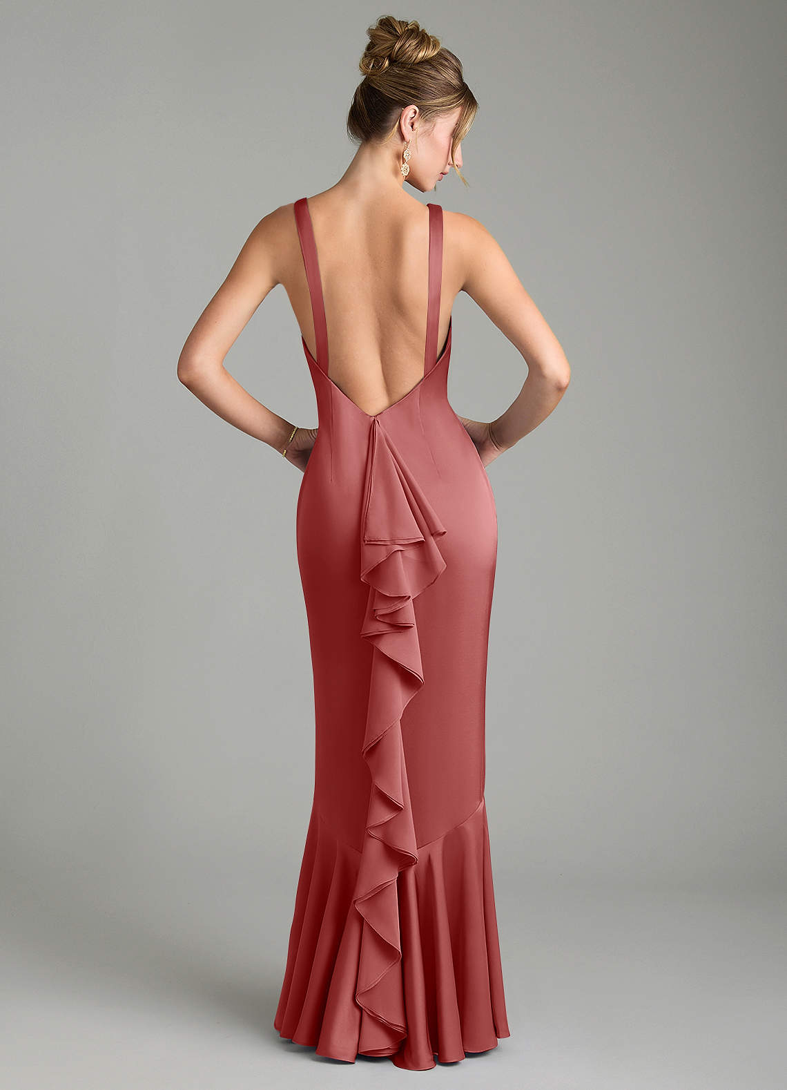 Tamera Mermaid Boat-Neck Stretch Satin and Chiffon Bridesmaid Dress in Antique Rose