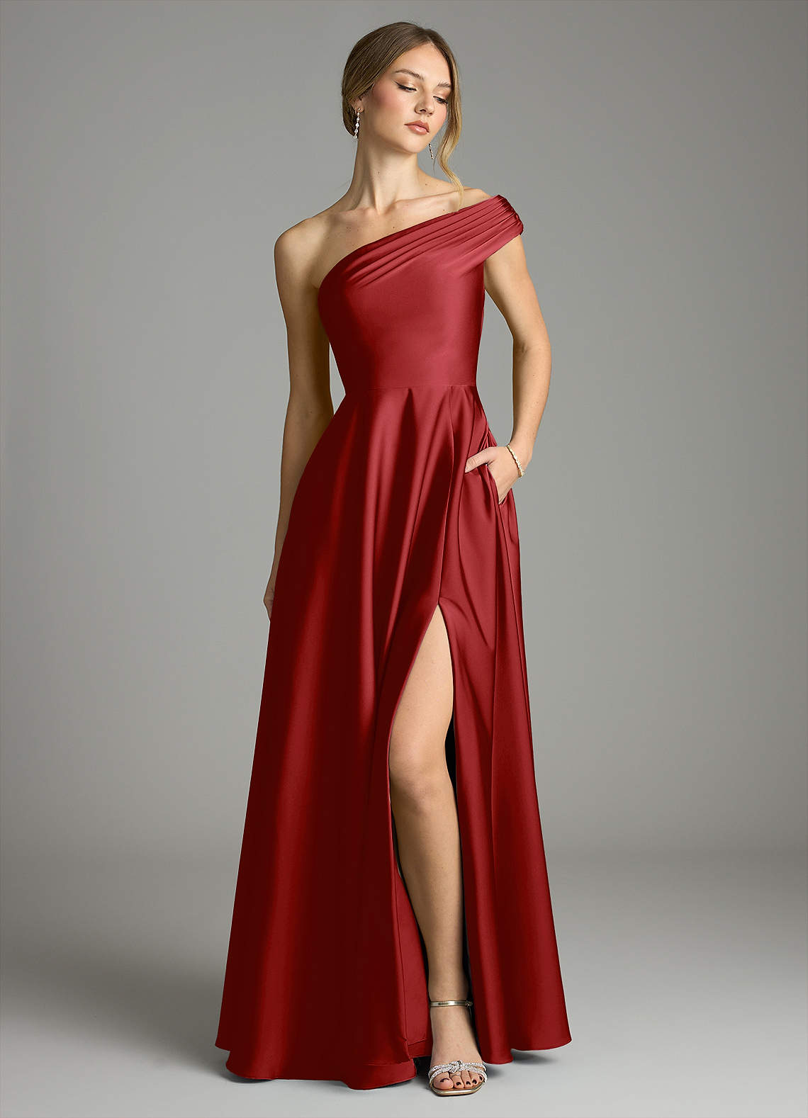 Melanie A-Line One-Shoulder Stretch Satin Bridesmaid Dress in Pomegranate